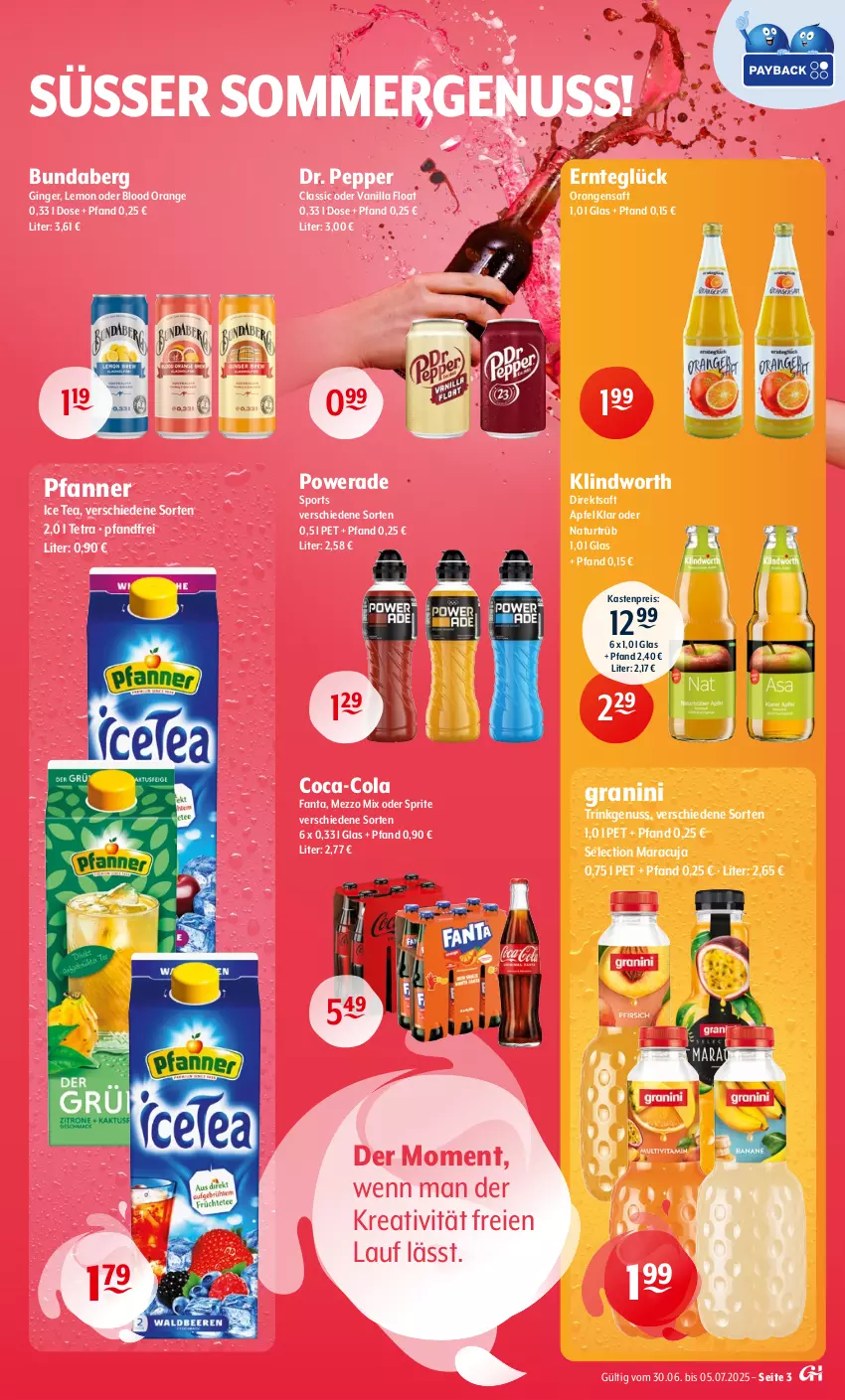 Aktueller Prospekt Getraenke Hoffmann - Prospekte - von 30.06 bis 05.07.2025 - strona 3 - produkty: apfel, Bundaberg, coca-cola, cola, direktsaft, eis, fanta, gin, ginger, granini, ice tea, maracuja, Mezzo Mix, natur, nuss, oder sprite, orange, orangen, orangensaft, pfanne, Pfanner, reis, saft, Sport, sprite, Ti