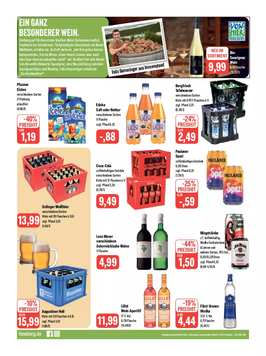 Aktueller Prospekt Feneberg - Prospekte - von 27.04 bis 29.04.2023 - strona 12 - produkty: ananas, aperitif, apfel, bier, bio, coca-cola, coffein, cola, deka, eis, eistee, ente, erdinger, felix, flasche, getränk, getränke, Gorbatschow, lebensmittel, Lenz Moser, lillet, limo, mac, minze, Mixgetränk, moser, Nektar, Paula, paulaner, pet-flasche, pet-flaschen, pfanne, Pfanner, reis, riesling, ring, saft, sauvignon, sauvignon blanc, Spezi, tee, Ti, wasser, wein, weine, Weißwein, wodka