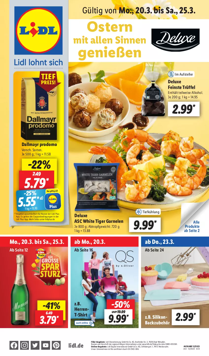 Aktueller Prospekt Lidl - Aktionsprospekt - von 12.03 bis 17.03.2023 - strona 1 - produkty: alkohol, angebot, angebote, Backzubehör, Bad, bio, coupon, dallmayr, dallmayr prodomo, eis, elle, garnelen, prodomo, reis, shirt, T-Shirt, teller, Ti, Trüffel