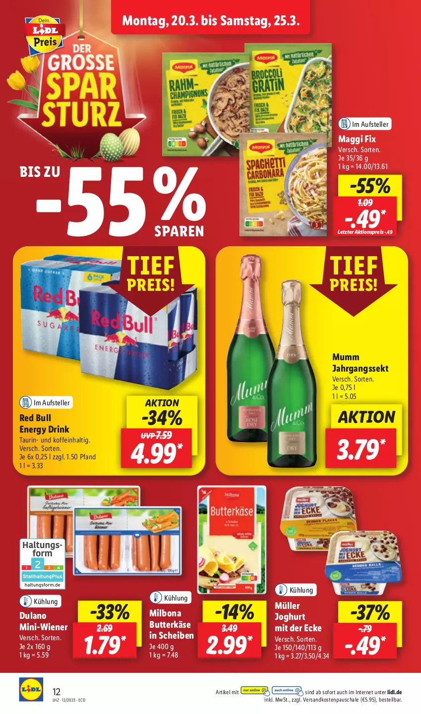 Aktueller Prospekt Lidl - Aktionsprospekt - von 12.03 bis 17.03.2023 - strona 12 - produkty: aktionspreis, Bona, butter, butterkäse, drink, dulano, eis, elle, energy drink, jahrgangssekt, joghur, joghurt, joghurt mit der ecke, Käse, maggi, maggi fix, Milbona, Müller, mumm, ndk, red bull, reis, Schal, Schale, sekt, teller, Ti, wiener, ZTE