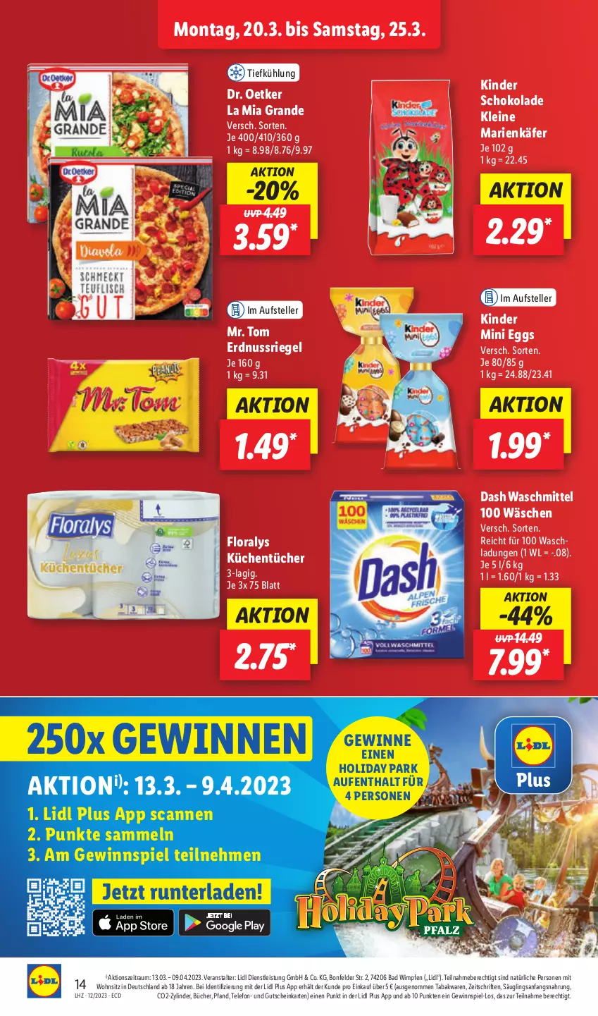 Aktueller Prospekt Lidl - Aktionsprospekt - von 12.03 bis 17.03.2023 - strona 14 - produkty: Bad, Dr. Oetker, eis, elle, erdnuss, Floralys, gewinnspiel, gutschein, käfer, Kinder, kinder schokolade, küche, Küchen, küchentücher, leine, nuss, nussriegel, riegel, schoko, schokolade, telefon, teller, Ti, tücher, waschmittel