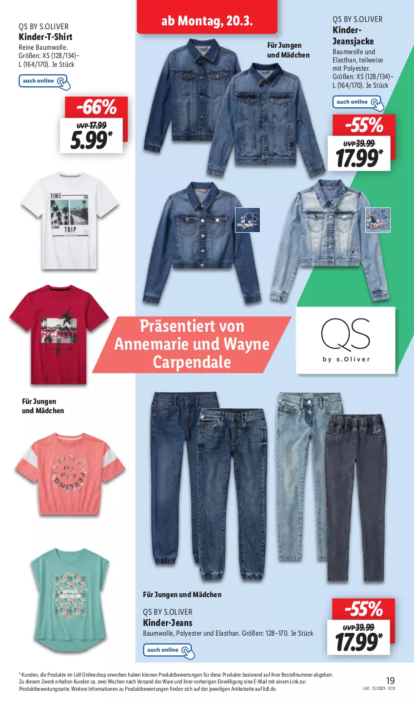 Aktueller Prospekt Lidl - Aktionsprospekt - von 12.03 bis 17.03.2023 - strona 21 - produkty: Bau, baumwolle, eis, Jacke, jeans, Jeansjacke, Kinder, Kinder-T-Shirt, olive, reine baumwolle, s.oliver, shirt, T-Shirt, Ti, weck, wolle