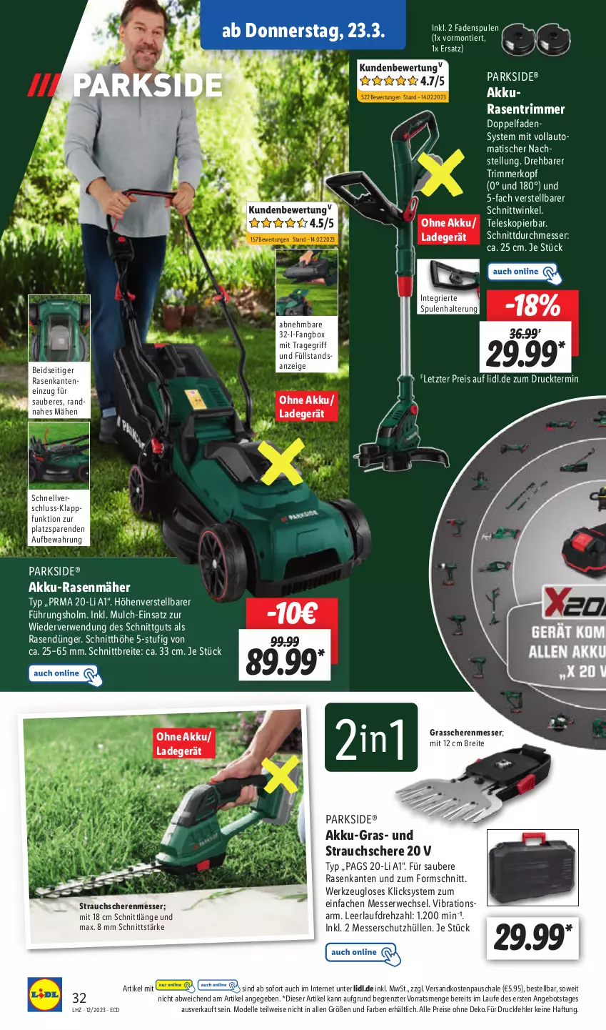 Aktueller Prospekt Lidl - Aktionsprospekt - von 12.03 bis 17.03.2023 - strona 34 - produkty: akku, akku-rasenmäher, angebot, auto, Brei, dell, dünger, eis, elle, Grasschere, ladegerät, messer, Mode, ndk, Parkside, rasen, rasendünger, rasenmäher, rasentrimmer, Rauch, reis, rwe, Schal, Schale, Schere, schutzhülle, Strauchschere, Teleskop, Ti, tisch, tragegriff, werkzeug, ZTE