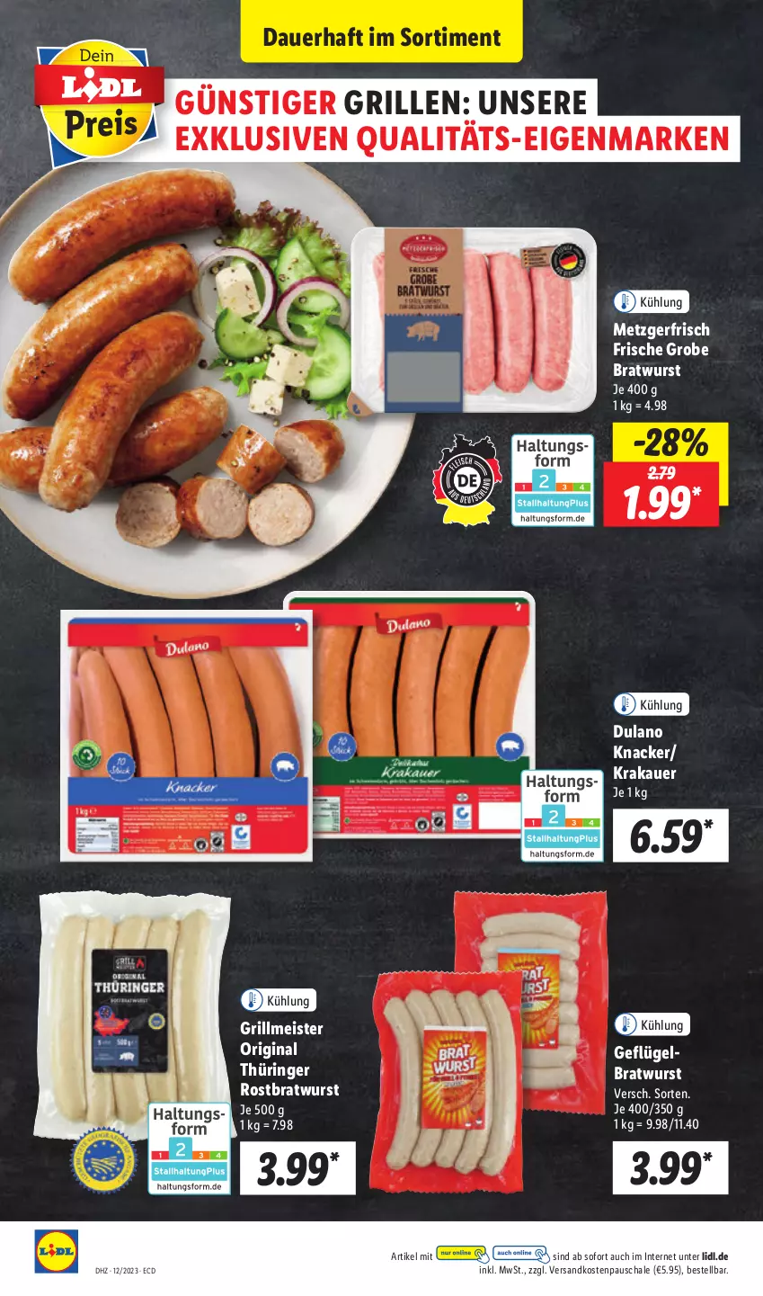 Aktueller Prospekt Lidl - Aktionsprospekt - von 12.03 bis 17.03.2023 - strona 42 - produkty: auer, bratwurst, dulano, eis, Geflügel, gin, grill, grobe bratwurst, knacker, krakauer, Meister, ndk, original thüringer, ring, rostbratwurst, Schal, Schale, thüringer rostbratwurst, Ti, wurst