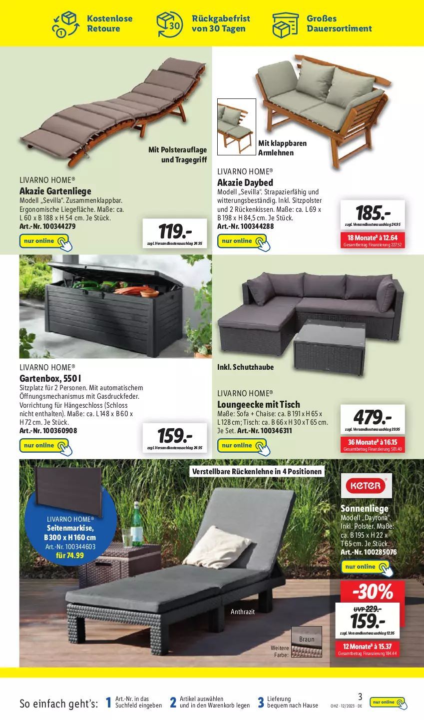 Aktueller Prospekt Lidl - Aktionsprospekt - von 12.03 bis 17.03.2023 - strona 47 - produkty: armlehnen, auer, auto, braun, dell, Garten, gartenliege, kissen, korb, Liege, Mode, ndk, Rückenkissen, rückenlehne, Seitenmarkise, Sofa, sonnenliege, Ti, tisch, tragegriff