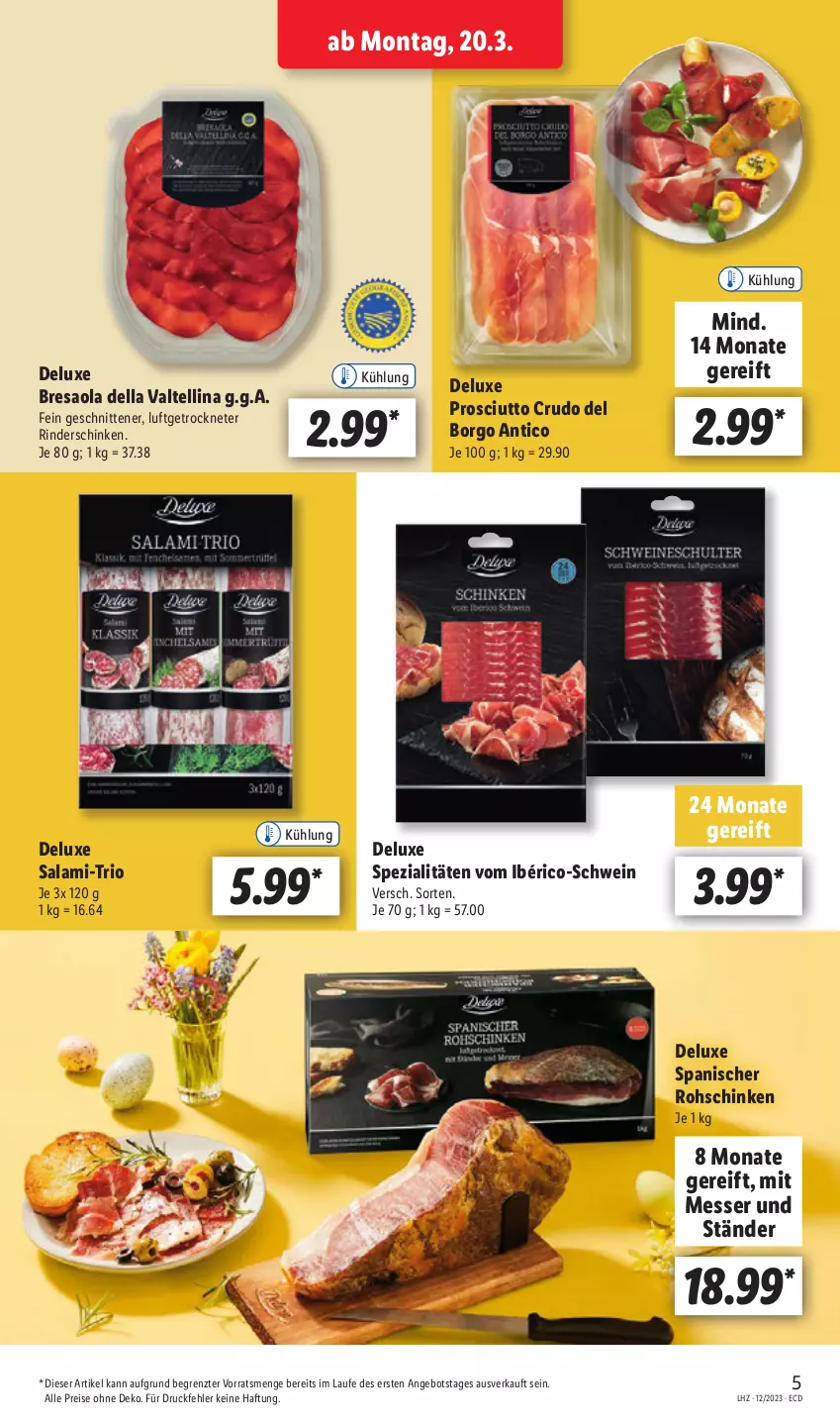 Aktueller Prospekt Lidl - Aktionsprospekt - von 12.03 bis 17.03.2023 - strona 5 - produkty: angebot, Bresaola, dell, eis, messer, prosciutto, prosciutto crudo, reis, resa, rind, rinder, rohschinken, salami, schinken, schnitten, schwein, Spezi, Ti, wein, ZTE