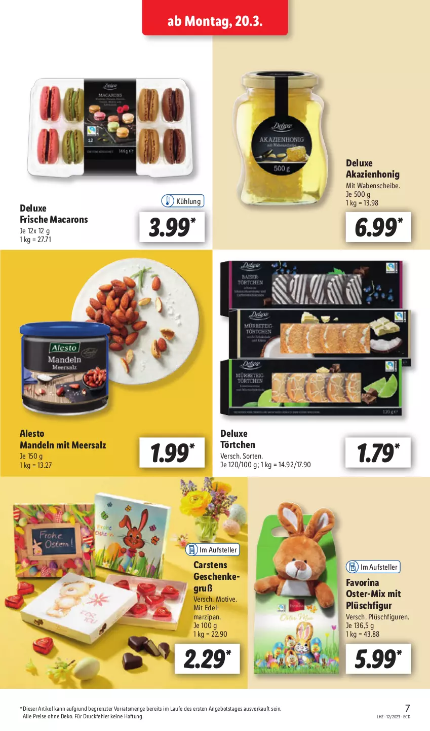 Aktueller Prospekt Lidl - Aktionsprospekt - von 12.03 bis 17.03.2023 - strona 7 - produkty: alesto, angebot, Cars, eis, elle, honig, mac, Macarons, mandel, mandeln, marzipan, meersalz, Plüsch, reis, salz, teller, Ti, Törtchen, ZTE