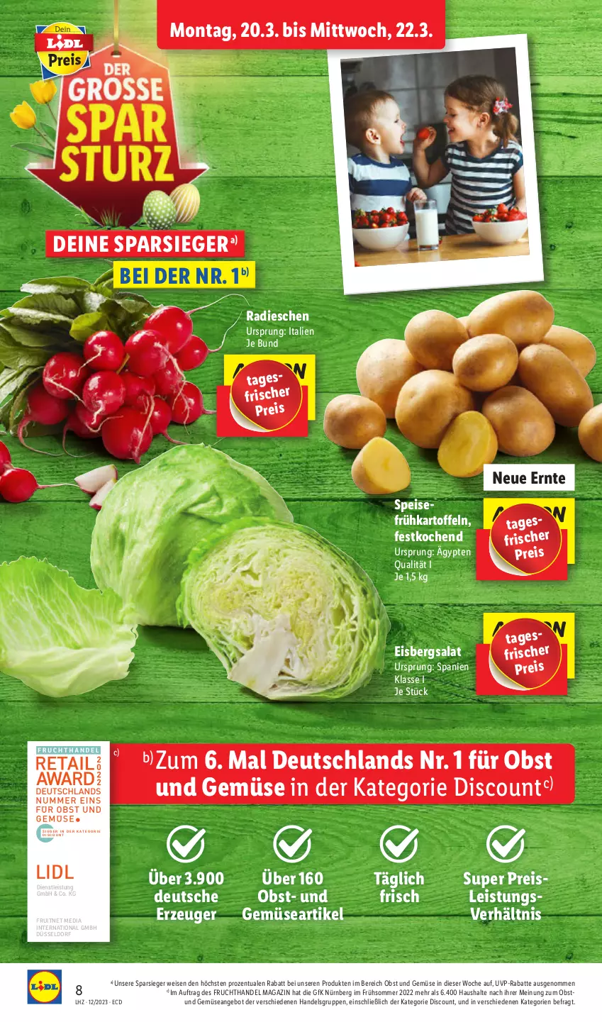 Aktueller Prospekt Lidl - Aktionsprospekt - von 12.03 bis 17.03.2023 - strona 8 - produkty: angebot, discount, eis, eisbergsalat, ente, frucht, Frühkartoffeln, kartoffel, kartoffeln, magazin, obst, Obst und Gemüse, radieschen, reis, salat, speisefrühkartoffeln, Ti, und gemüse