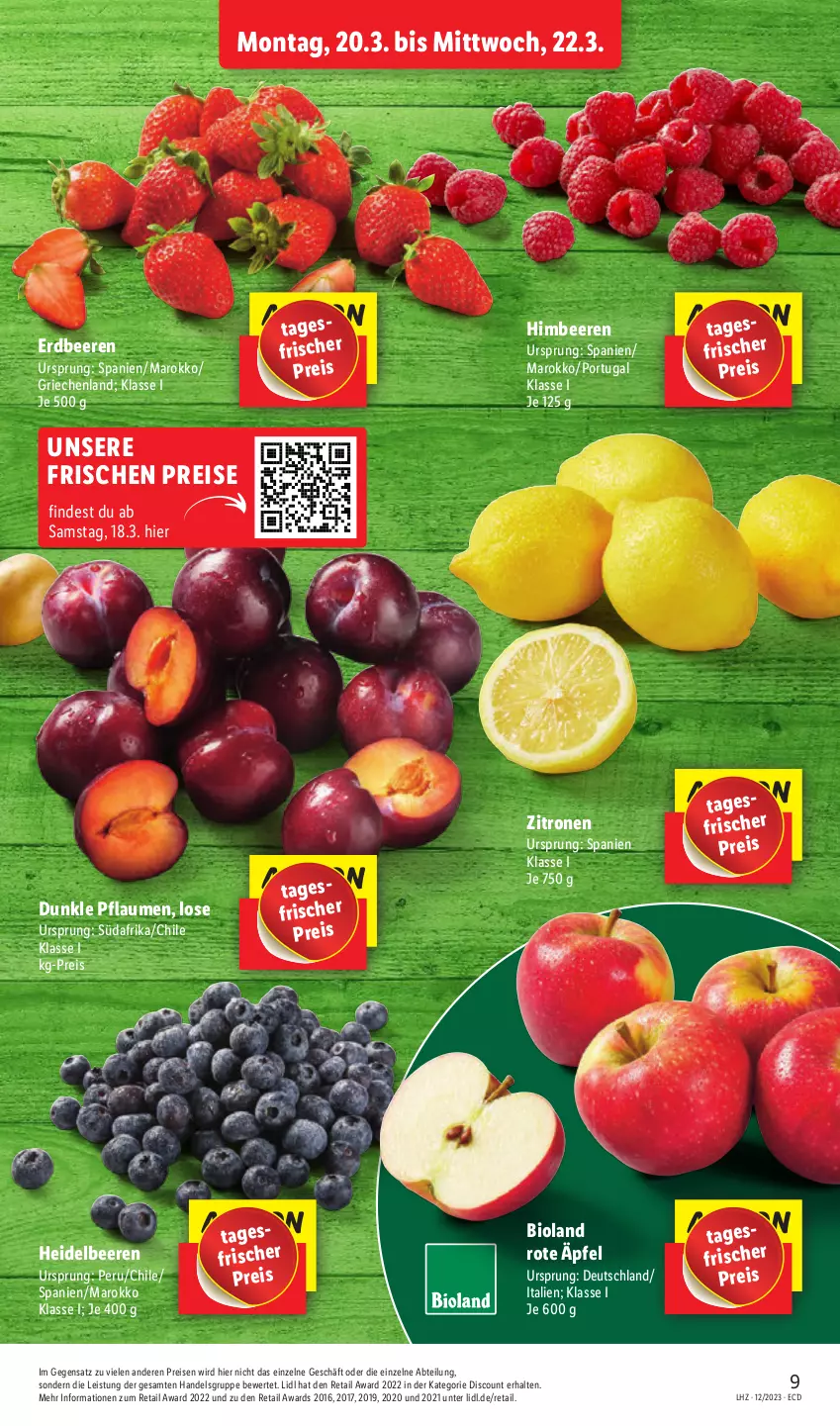 Aktueller Prospekt Lidl - Aktionsprospekt - von 12.03 bis 17.03.2023 - strona 9 - produkty: Abtei, beere, beeren, bio, bioland, discount, eis, erdbeere, erdbeeren, heidelbeere, heidelbeeren, himbeer, himbeere, himbeeren, pflaume, pflaumen, reis, Ti, zitrone, zitronen