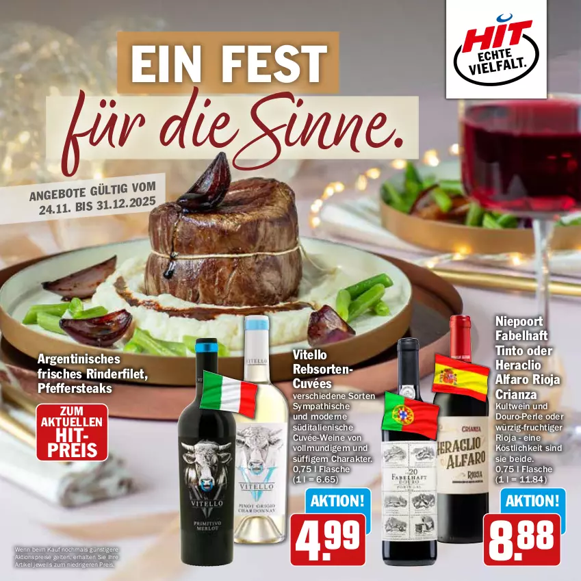 Aktueller Prospekt Hit - Wochenprospekt - von 24.11 bis 31.12.2025 - strona 1 - produkty: aktionspreis, cuvée, eis, elle, filet, flasche, frucht, Mode, pfeffer, reis, Ria, rind, rinder, rinderfilet, rioja, steak, steaks, Ti, wein, weine
