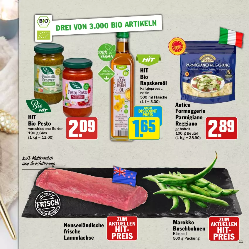 Aktueller Prospekt Hit - Wochenprospekt - von 24.11 bis 31.12.2025 - strona 11 - produkty: auer, beutel, bio, bohne, bohnen, Buschbohnen, discount, eis, elle, flasche, lachs, lamm, lammlachse, milch, parmigiano, parmigiano reggiano, pesto, reggiano, reis, Ria, Ti