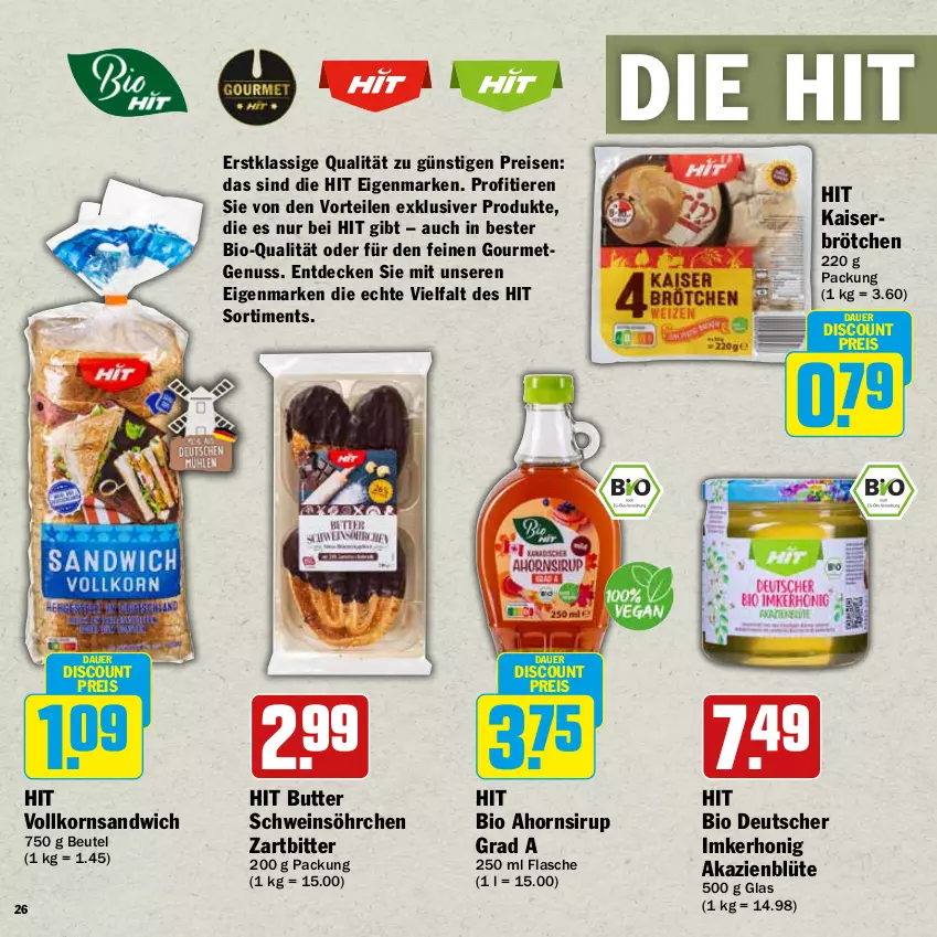 Aktueller Prospekt Hit - Wochenprospekt - von 24.11 bis 31.12.2025 - strona 26 - produkty: auer, beutel, bio, Blüte, brötchen, butter, decke, discount, eis, flasche, honig, Kaiser, korn, nuss, reis, sandwich, schwein, sirup, Ti, Tiere, wein