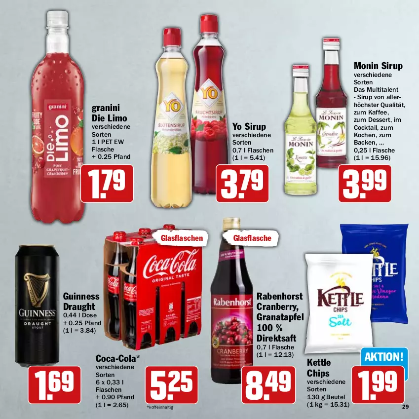 Aktueller Prospekt Hit - Wochenprospekt - von 24.11 bis 31.12.2025 - strona 29 - produkty: apfel, beutel, chips, coca-cola, cocktail, cola, cranberry, dessert, direktsaft, flasche, glasflasche, grana, granatapfel, granini, granini die limo, Guinness, kaffee, limo, monin, Rana, saft, sirup, Ti, Yo