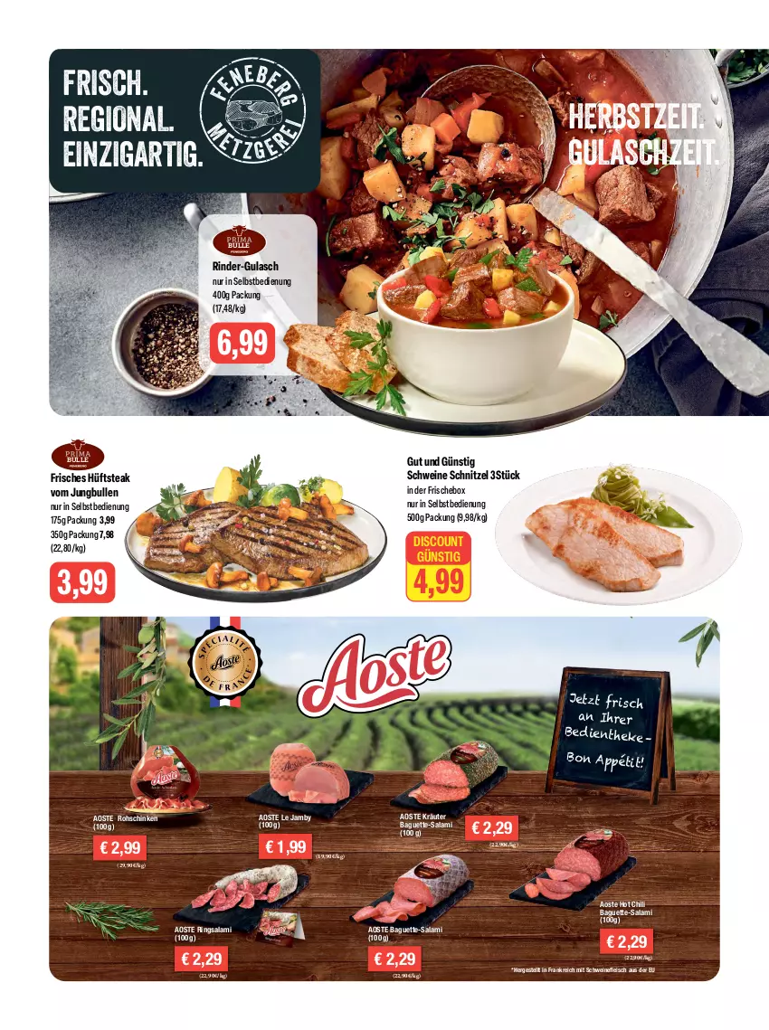 Aktueller Prospekt Feneberg - Prospekte - von 02.11 bis 04.11.2023 - strona 2 - produkty: baguette, Baguette-Salami, chili, discount, eis, fleisch, gulasch, hot chili, hüftsteak, jungbullen, kräuter, rind, rinder, ring, rohschinken, salami, schinken, schnitzel, schwein, schweine, schweinefleisch, steak, Ti, wein, weine