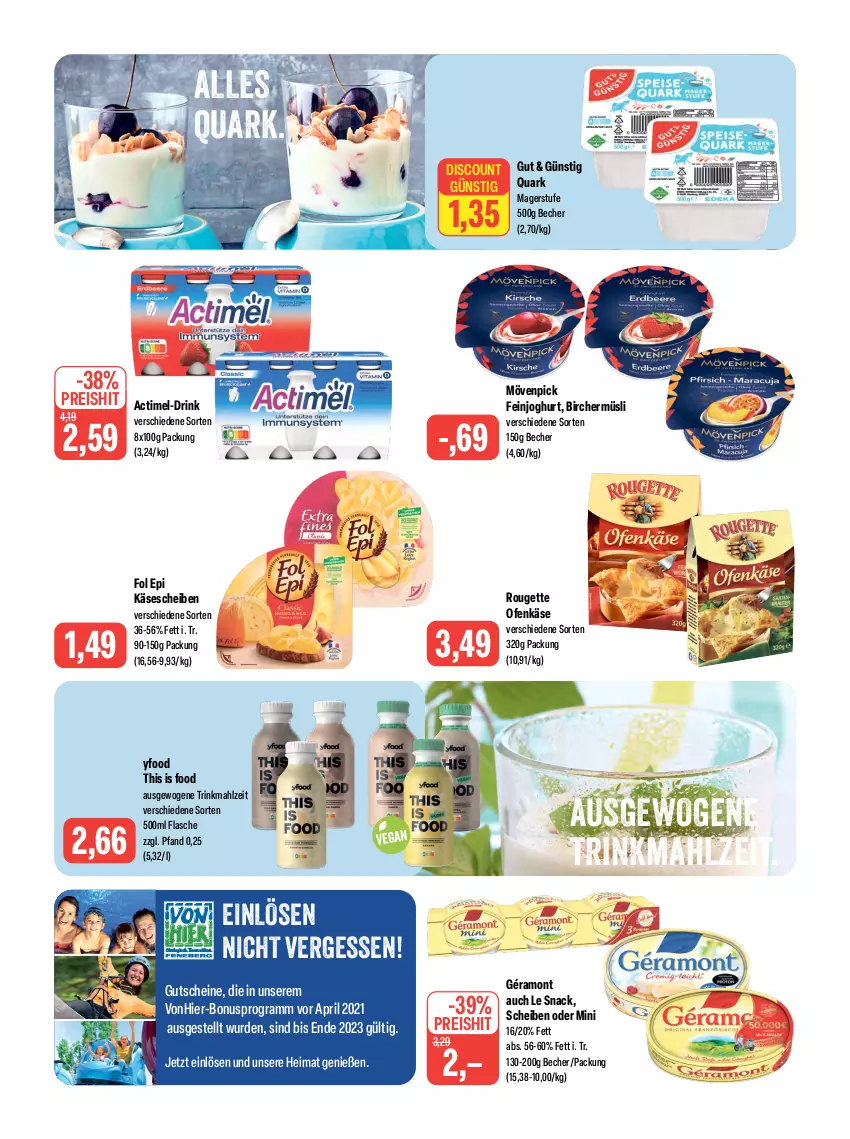 Aktueller Prospekt Feneberg - Prospekte - von 02.11 bis 04.11.2023 - strona 7 - produkty: actimel, Bad, Bau, Becher, burger, dell, discount, drink, eis, ente, feinjoghurt, flasche, fol epi, géramont, gutschein, gutscheine, joghur, joghurt, Käse, käsescheiben, Kinder, LG, Liege, mövenpick, müsli, Ofen, Ofenkäse, pril, quark, ravensburger, reis, rouge, rougette, SANTE, Skateboard, snack, Sport, Sprudel, Ti