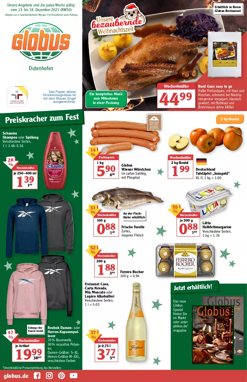 Aktueller Prospekt Globus - Prospekte - von 13.12 bis 18.12.2021 - strona 1 - produkty: alkohol, angebot, angebote, Bau, baumwolle, beutel, bier, braten, Cava, eis, elle, Engel, ferrero, Ferrero Rocher, fisch, fischtheke, fleisch, forelle, freixenet, gewürz, halbfettmargarine, im zarten saitling, kracher, Kraut, lätta, magazin, margarine, nuss, Ofen, papier, Pullover, Reebok, reis, rel, sauce, schauma, schauma shampoo, shampoo, shampoo oder spülung, Spezi, spülung, tafeläpfel, teller, Ti, wiener, wiener würstchen, wolle, würstchen