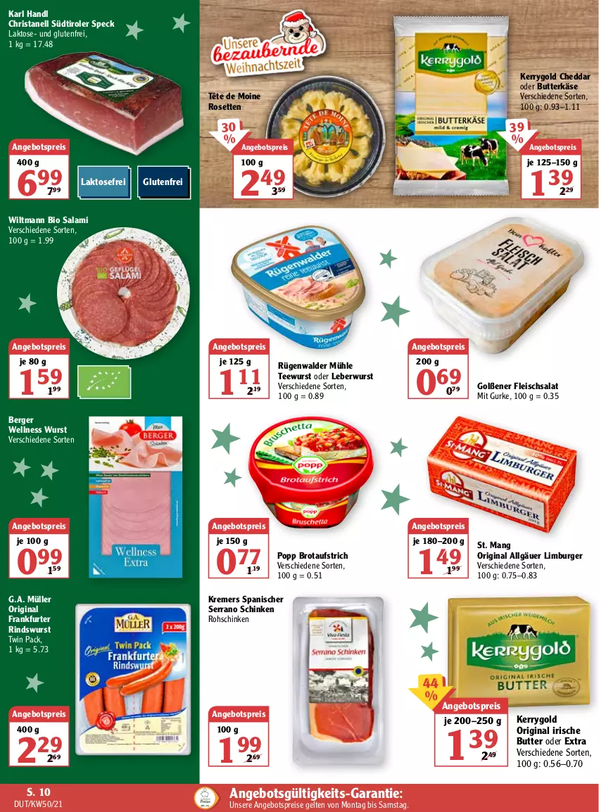 Aktueller Prospekt Globus - Prospekte - von 13.12 bis 18.12.2021 - strona 14 - produkty: angebot, angebotspreis, aufstrich, Berger, bio, brot, brotaufstrich, burger, butter, butterkäse, cheddar, eis, fleisch, fleischsalat, frankfurter, gin, gurke, irische butter, Käse, kerrygold, leberwurst, LG, Limburger, Müller, Popp, reis, rind, rohschinken, rügenwalder, rügenwalder mühle, salami, salat, schinken, serrano, serrano schinken, Speck, St. Mang, südtiroler, tee, teewurst, Tête de Moine, Ti, wiltmann, wurst