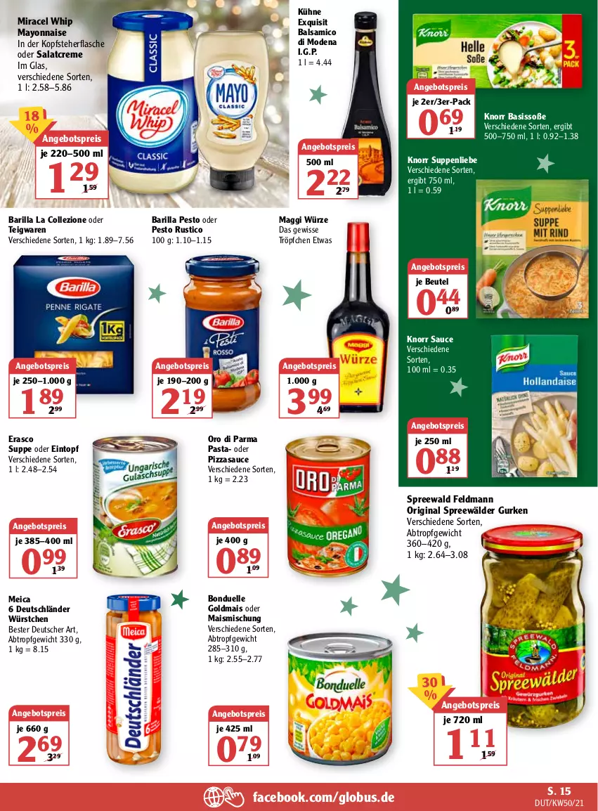 Aktueller Prospekt Globus - Prospekte - von 13.12 bis 18.12.2021 - strona 19 - produkty: angebot, angebotspreis, balsam, balsamico, barilla, beutel, bonduelle, bonduelle goldmais, creme, eintopf, eis, elle, erasco, flasche, gin, Goldmais, goldmais oder, gurke, gurken, knorr, Kühne, maggi, maggi würze, mais, mayonnaise, meica, miracel, miracel whip, Mode, oro di parma, pasta, pesto, pizza, reis, salat, salatcreme, sauce, Soße, spreewälder, suppe, suppen, suppenliebe, teigwaren, Ti, topf, würstchen, Yo