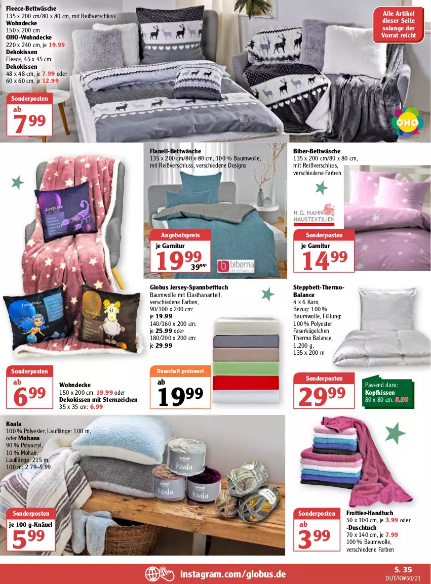 Aktueller Prospekt Globus - Prospekte - von 13.12 bis 18.12.2021 - strona 39 - produkty: angebot, angebotspreis, auer, Bau, baumwolle, baumwolle mit elasthan, bett, Betttuch, bettwäsche, decke, dekokissen, duschtuch, eis, frottier-handtuch, garnitur, handtuch, jersey-spannbetttuch, kissen, kopfkissen, reis, sonderposten, spannbetttuch, steppbett, Ti, tuc, wolle