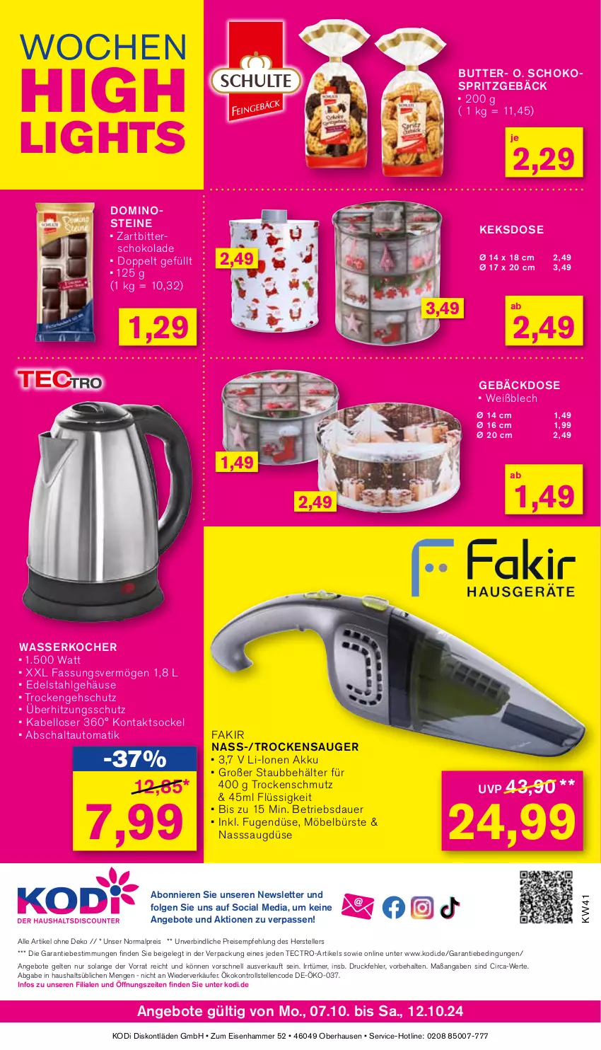 Aktueller Prospekt Kodi - Prospekte - von 07.10 bis 12.10.2024 - strona 8 - produkty: akku, angebot, angebote, auer, auto, Behälter, bürste, butter, Dominosteine, edelstahl, eis, elle, fakir, keks, Keksdose, Kocher, lenco, LG, möbel, reis, Schal, schoko, schokolade, Spritzgebäck, tectro, teller, Ti, Trockensauger, überhitzungsschutz, wasser, wasserkocher, Zartbitterschokolade