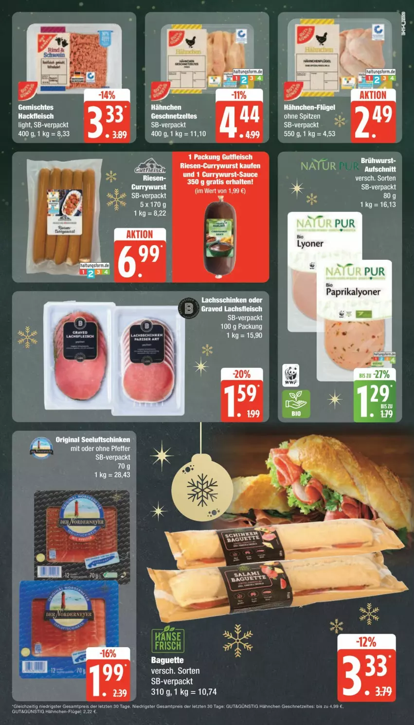 Aktueller Prospekt Edeka - Prospekte - von 09.12 bis 14.12.2024 - strona 11 - produkty: baguette, bio, Brühwurst, curry, currywurst, eis, fleisch, gin, Graved Lachs, lachs, lachsschinken, lyoner, natur, paprika, reis, salami, schinken, Seeluftschinken, Ti, wurst, Yo, ZTE