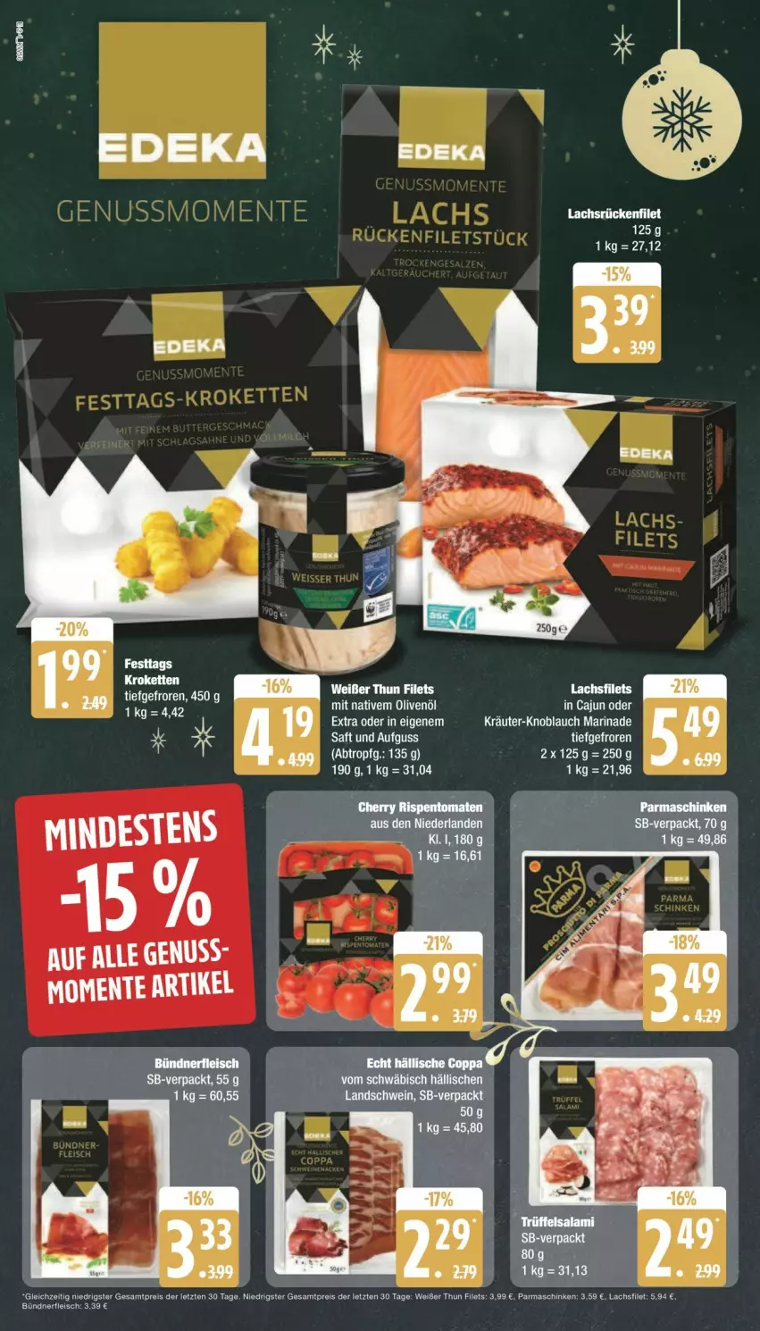 Aktueller Prospekt Edeka - Prospekte - von 09.12 bis 14.12.2024 - strona 2 - produkty: Bündnerfleisch, deka, eis, erde, filet, filets, fleisch, knoblauch, kräuter, lachs, lachsfilet, lachsfilets, marinade, nerf, parmaschinken, reis, saft, schinken, schwein, Ti, wein, ZTE