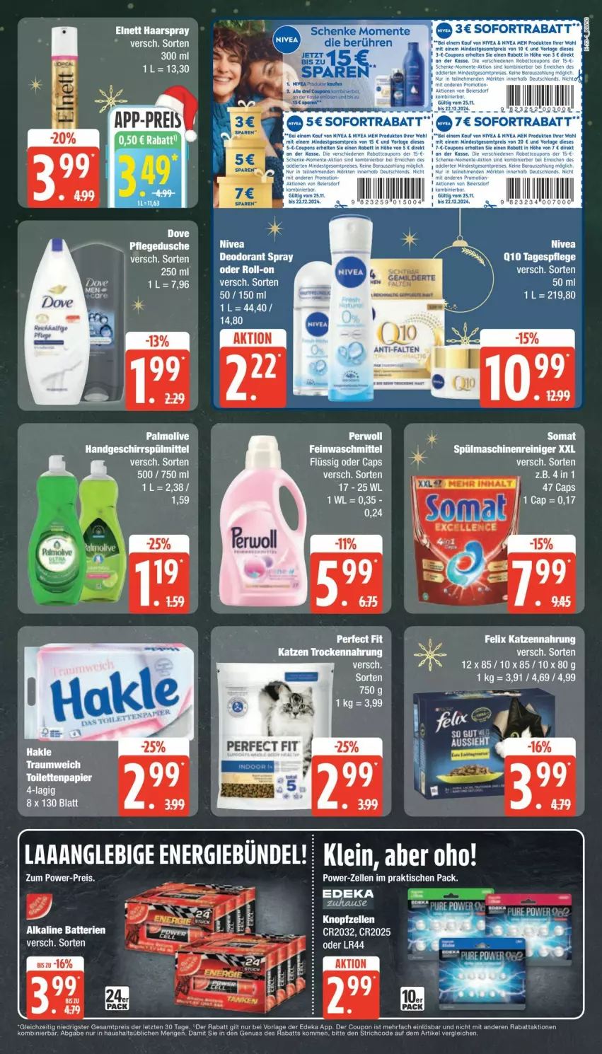 Aktueller Prospekt Edeka - Prospekte - von 09.12 bis 14.12.2024 - strona 23 - produkty: batterie, batterien, bett, Cap, deka, deo, deodorant, eier, eis, elle, elnett, ente, felix, haarspray, katzennahrung, maschinenreiniger, nuss, reiniger, reis, rel, spülmaschinen, Tagespflege, Ti, tisch