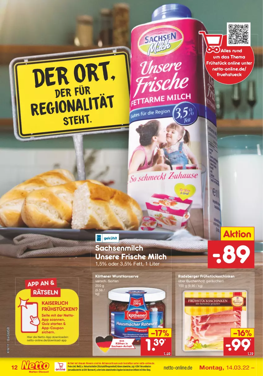 Aktueller Prospekt Netto Marken-Discount - Filial-Angebote - von 14.03 bis 19.03.2022 - strona 12 - produkty: Berger, buch, eis, frische milch, Holz, milch, ndk, radeberger, reis, sac, schinken, Ti, versandkostenfrei, wurst