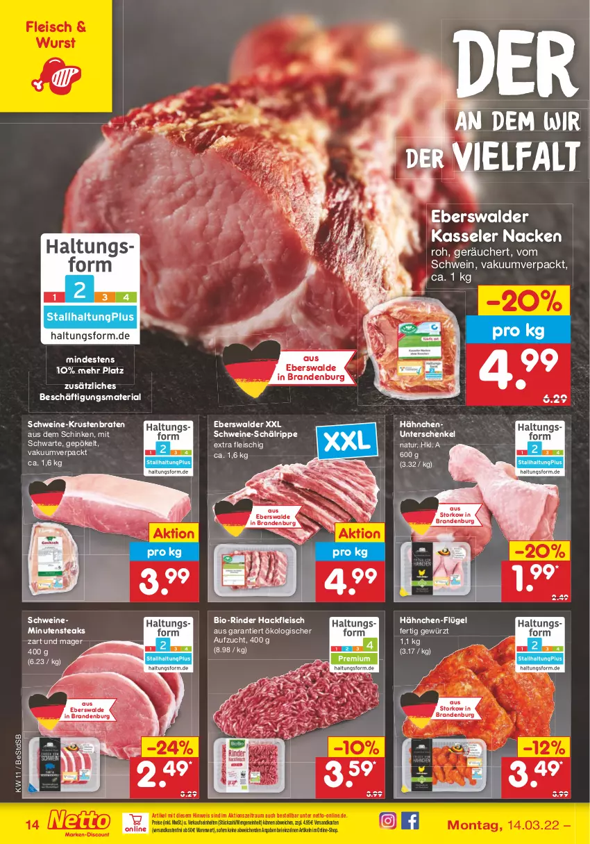 Aktueller Prospekt Netto Marken-Discount - Filial-Angebote - von 14.03 bis 19.03.2022 - strona 14 - produkty: bio, braten, eis, fleisch, gewürz, hackfleisch, henkel, kasseler, krustenbraten, minutensteaks, natur, ndk, reis, Ria, rind, rinder, schenkel, schinken, schwein, schweine, steak, steaks, Ti, versandkostenfrei, wein, weine, wurst