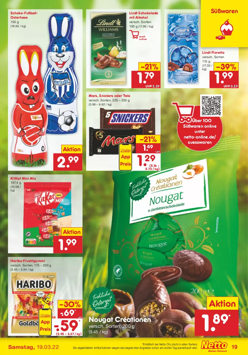 Aktueller Prospekt Netto Marken-Discount - Filial-Angebote - von 14.03 bis 19.03.2022 - strona 19 - produkty: alkohol, angebot, ball, frucht, fruchtgummi, Fußball, haribo, kitkat, lindt, mars, oder twix, schoko, schokolade, snickers, Ti, twix, ZTE