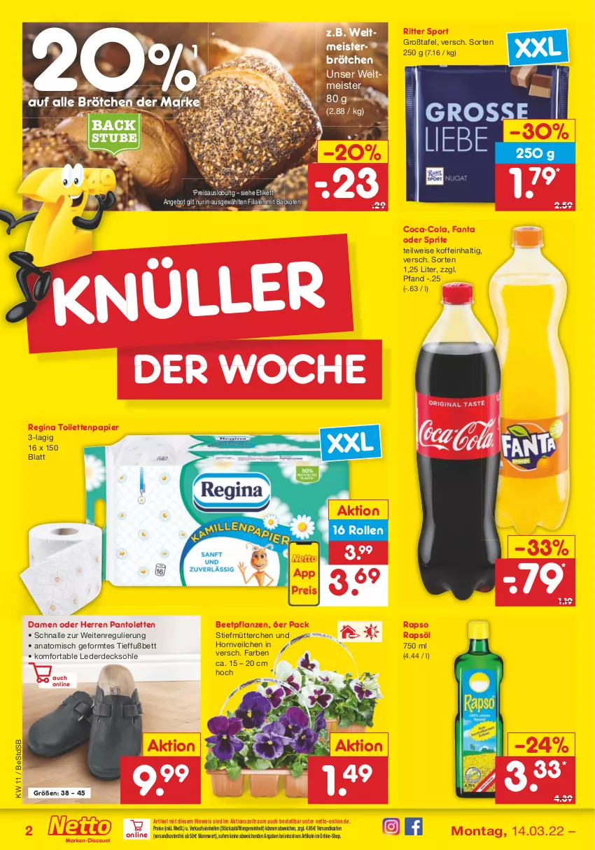 Aktueller Prospekt Netto Marken-Discount - Filial-Angebote - von 14.03 bis 19.03.2022 - strona 2 - produkty: angebot, backofen, beetpflanzen, bett, brötchen, coca-cola, cola, decksohle, eis, erde, fanta, fanta oder, fanta oder sprite, gin, Meister, ndk, oder sprite, Ofen, pantolette, pantoletten, papier, pflanze, pflanzen, rapso, rapsöl, reis, ritter, ritter sport, Sport, sprite, stube, Ti, toilettenpapier, versandkostenfrei