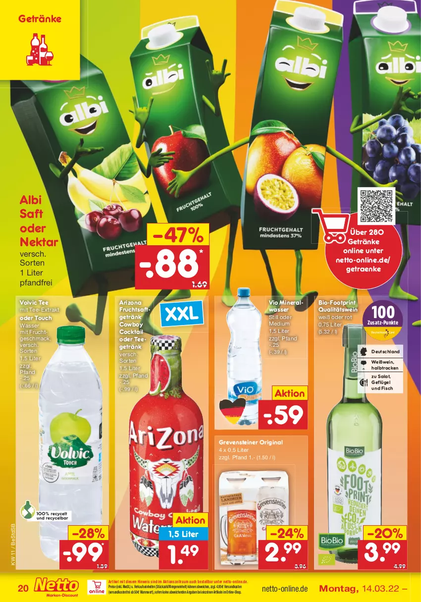 Aktueller Prospekt Netto Marken-Discount - Filial-Angebote - von 14.03 bis 19.03.2022 - strona 20 - produkty: Alwa, bio, cocktail, eis, fisch, frucht, fruchtsaft, fruchtsaftgetränk, Geflügel, getränk, getränke, gin, grevensteiner, mac, mineralwasser, mit frucht, ndk, Nektar, qualitätswein, reis, saft, salat, steiner, tee, Ti, versandkostenfrei, volvic, wasser, wein, Weißwein