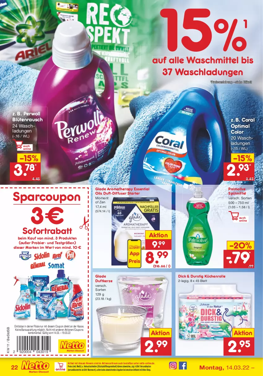 Aktueller Prospekt Netto Marken-Discount - Filial-Angebote - von 14.03 bis 19.03.2022 - strona 22 - produkty: bier, Blüte, Coral, coupon, coupons, Diffuser, Duftkerze, eis, Glade, kerze, küche, Küchen, küchenrolle, ndk, olive, palmolive, perwoll, reis, sofortrabatt, spülmittel, Ti, versandkostenfrei, waschmittel