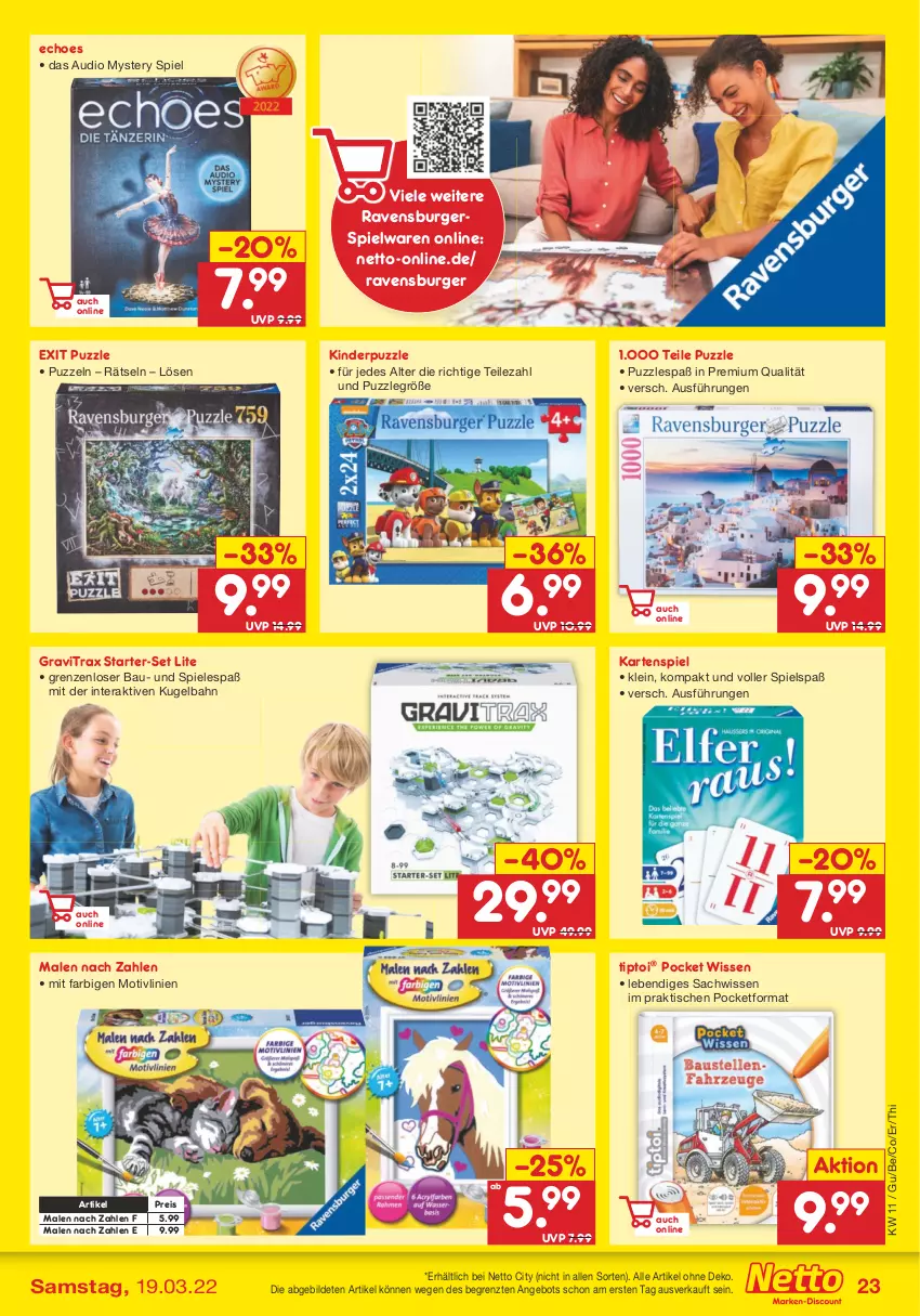 Aktueller Prospekt Netto Marken-Discount - Filial-Angebote - von 14.03 bis 19.03.2022 - strona 23 - produkty: angebot, Bau, burger, eis, Kartenspiel, Kinder, Kugel, Kugelbahn, Puzzle, ravensburger, reis, sac, Spiele, spielwaren, Ti, Tiptoi, tisch, ZTE