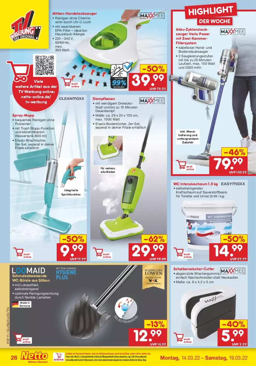 Aktueller Prospekt Netto Marken-Discount - Filial-Angebote - von 14.03 bis 19.03.2022 - strona 26 - produkty: akku, auer, bodenstaubsauger, Bodentücher, bürste, eimer, eis, elle, Germ, gsw, handstaubsauger, kraft, ndk, Reinigung, reis, staubsauger, Ti, tücher, Urinal, versandkostenfrei, wandhalterung, wasser, wassertank, WC-Bürste, ZTE