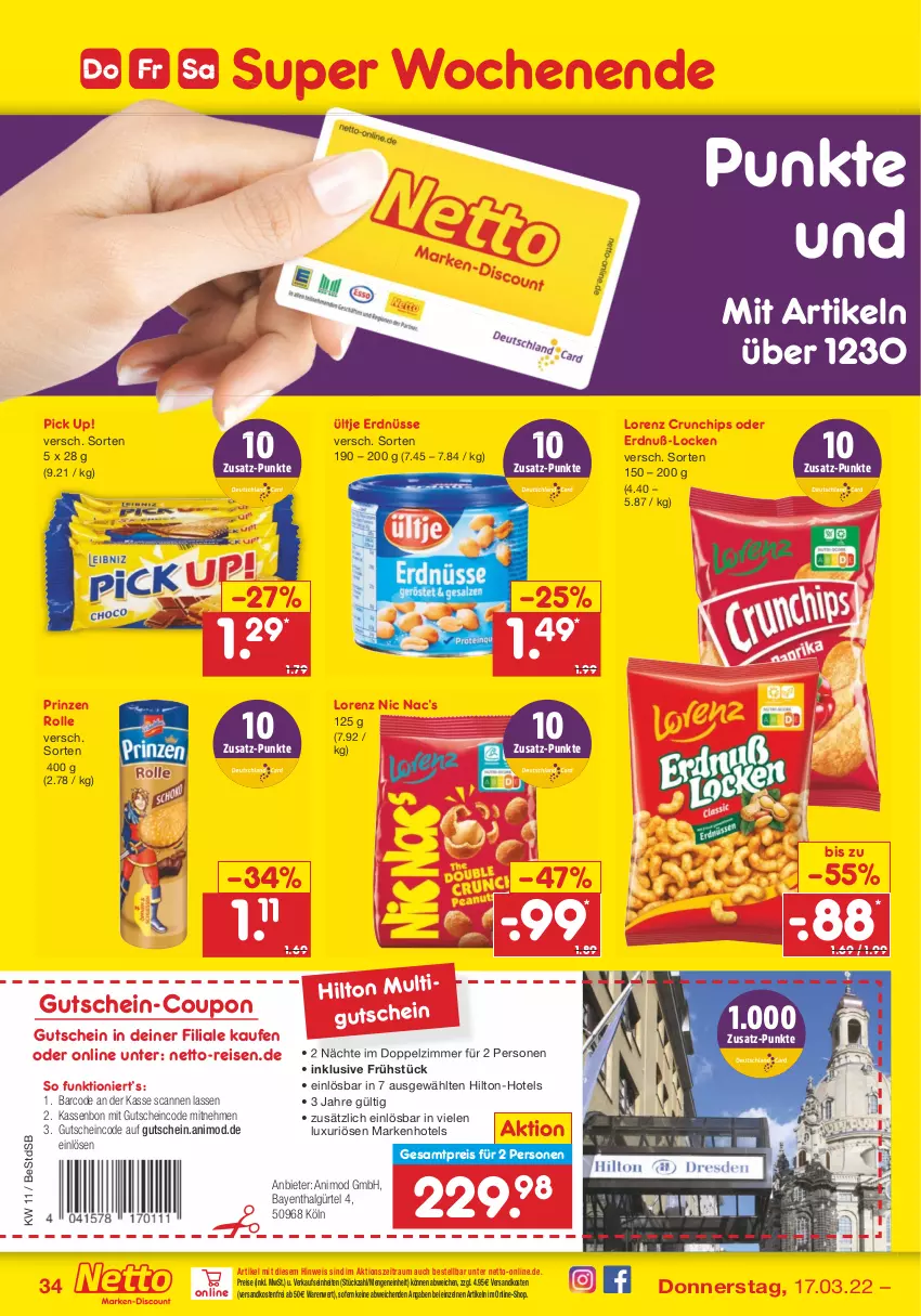 Aktueller Prospekt Netto Marken-Discount - Filial-Angebote - von 14.03 bis 19.03.2022 - strona 34 - produkty: chips, coupon, crunchips, deutschlandcard, eis, erdnüsse, gutschein, LG, lorenz, lorenz crunchips, ndk, Pick Up!, prinzen rolle, reis, Ti, ültje, ültje erdnüsse, versandkostenfrei