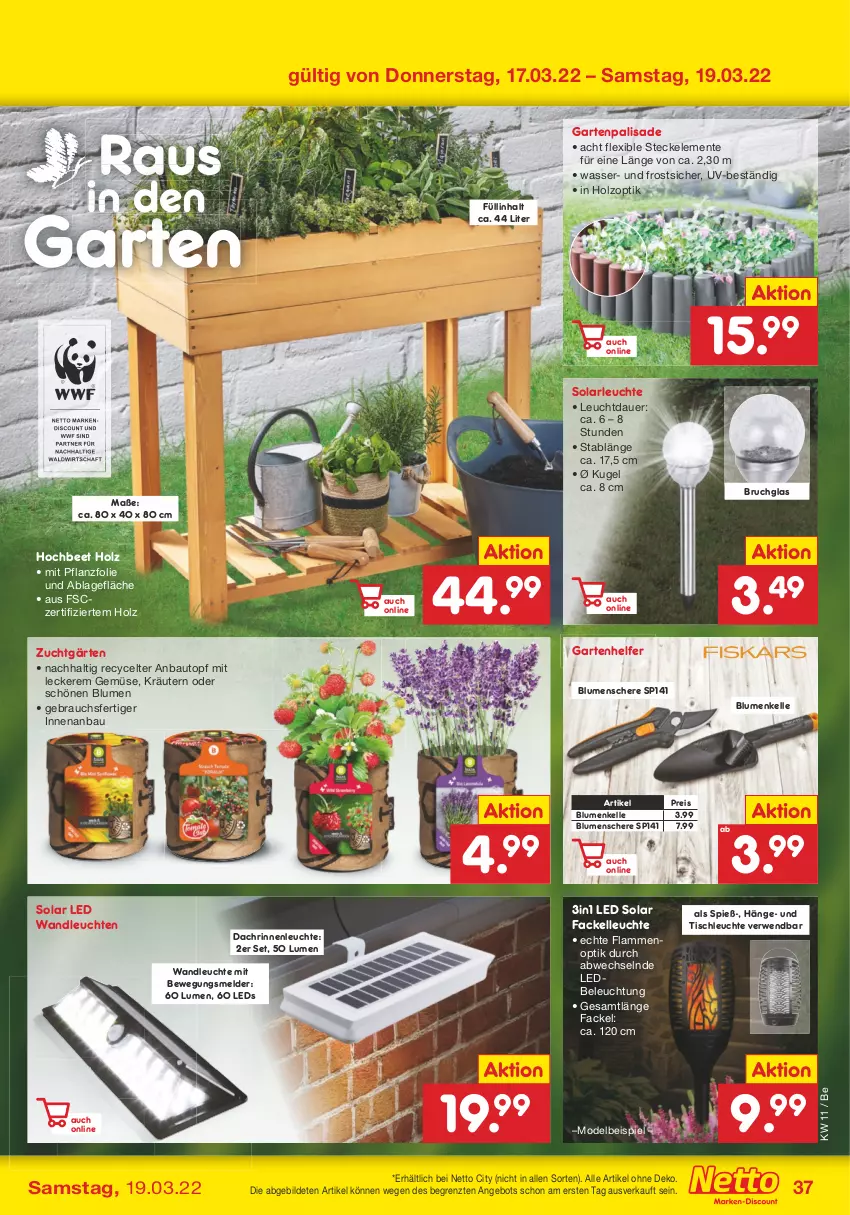 Aktueller Prospekt Netto Marken-Discount - Filial-Angebote - von 14.03 bis 19.03.2022 - strona 37 - produkty: angebot, auer, auto, Bau, beleuchtung, blume, blumen, discount, eis, elle, ente, Garten, Holz, kräuter, kräutern, Kugel, lamm, leds, Leuchte, leuchten, Mode, Rauch, reis, rwe, Schere, solarleuchte, Ti, tisch, tischleuchte, topf, wasser, ZTE