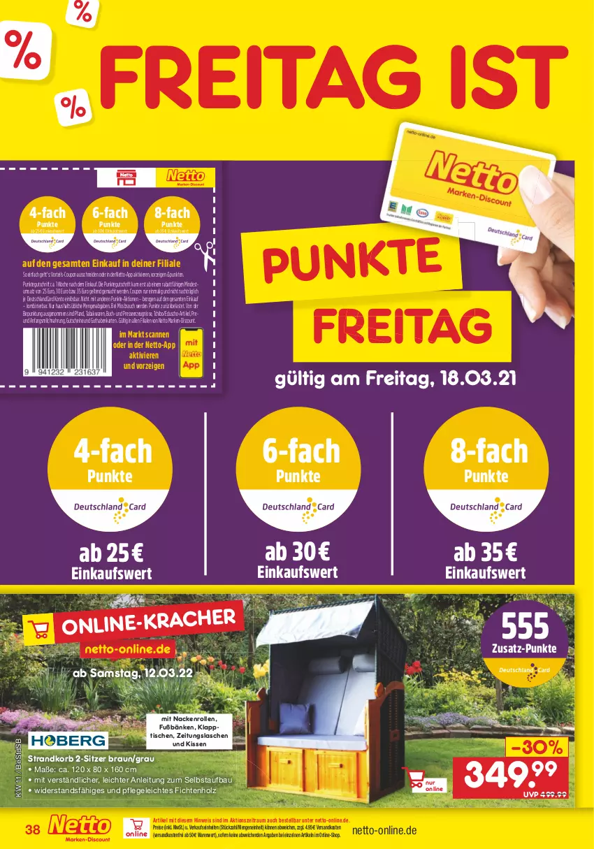 Aktueller Prospekt Netto Marken-Discount - Filial-Angebote - von 14.03 bis 19.03.2022 - strona 38 - produkty: Bau, braun, buch, coupon, deutschlandcard, discount, eduscho, eis, erde, guthabenkarte, gutschein, gutscheine, Holz, kissen, klapptisch, korb, mac, marken-discount, milch, ndk, Rauch, reis, strandkorb, Tchibo, Ti, tisch, versandkostenfrei