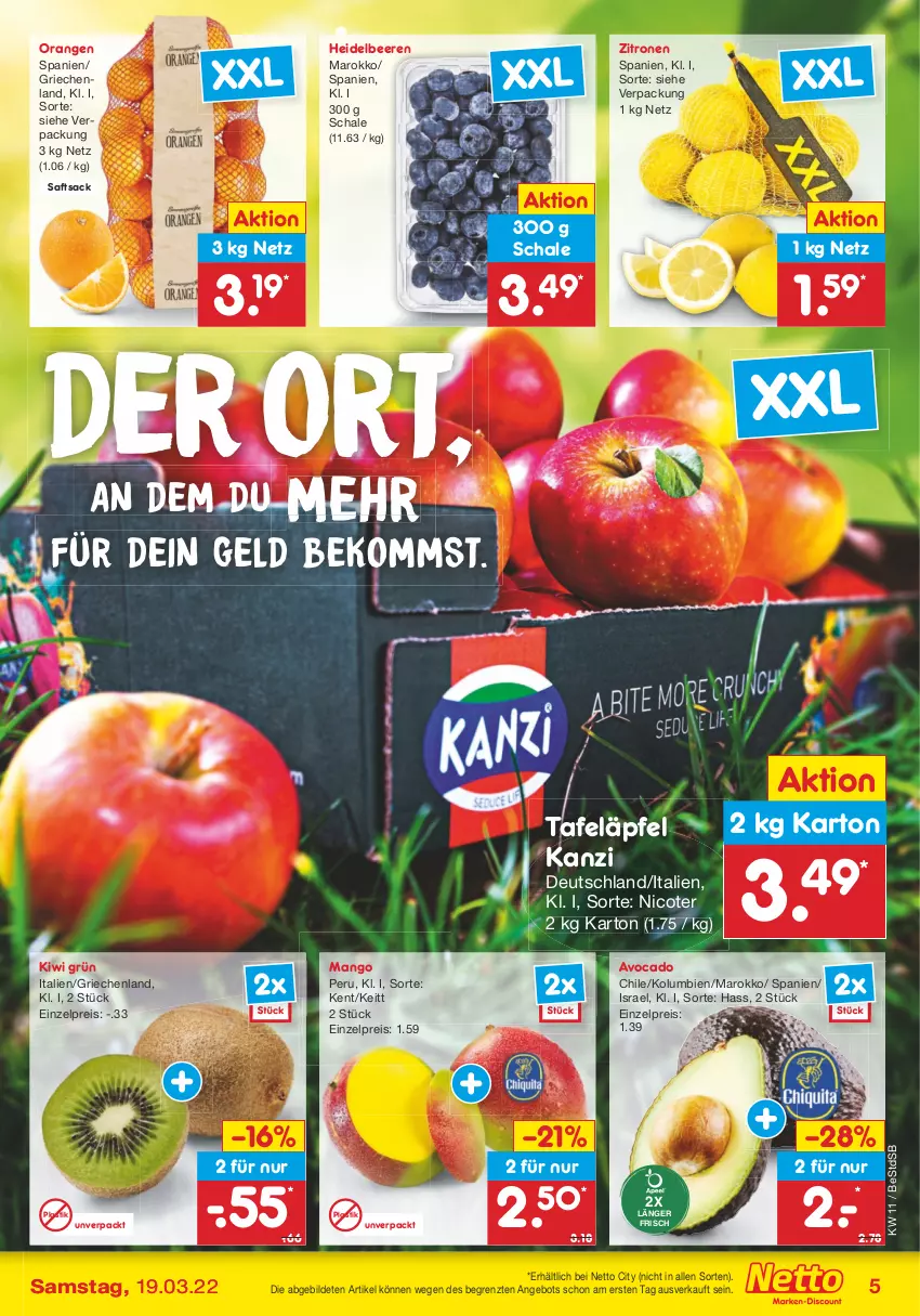 Aktueller Prospekt Netto Marken-Discount - Filial-Angebote - von 14.03 bis 19.03.2022 - strona 5 - produkty: angebot, asti, avocado, beere, beeren, beko, eis, heidelbeere, heidelbeeren, kiwi, mango, orange, orangen, reis, sac, saft, Schal, Schale, tafeläpfel, Ti, zitrone, zitronen, ZTE