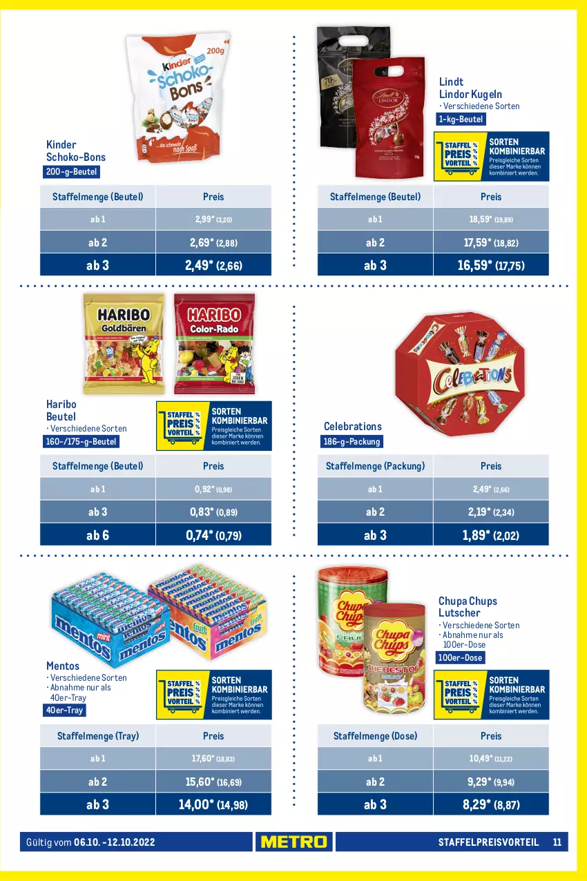 Aktueller Prospekt Metro - Food - von 06.10 bis 12.10.2022 - strona 11 - produkty: auer, beutel, bohne, bohnen, brot, chupa, chupa chups, cola, eis, elle, Fladenbrot, geback, haribo, Kinder, Kugel, lindor, lindt, Lutscher, mam, mentos, Metro, mozzarella, preisvorteil, reis, rel, salomon, schoko, schoko-bons, soja, Ti