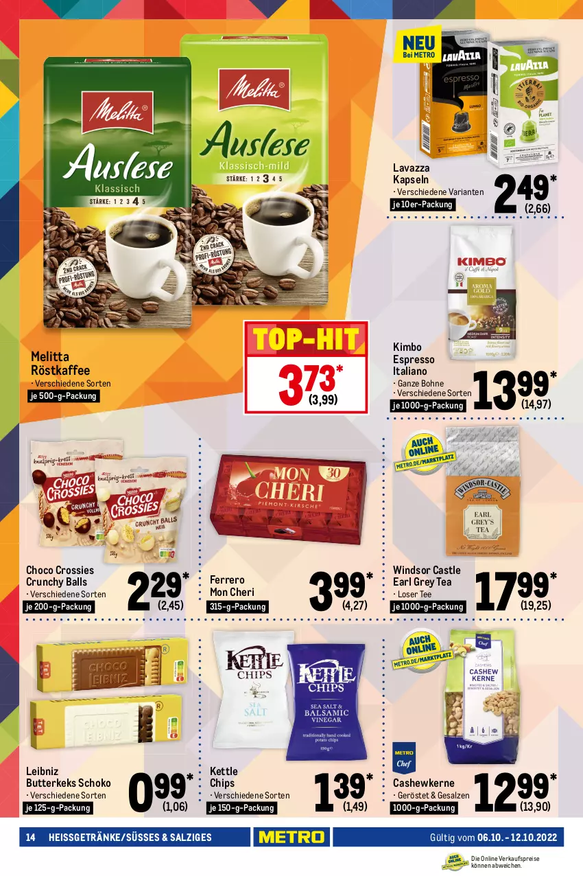 Aktueller Prospekt Metro - Food - von 06.10 bis 12.10.2022 - strona 14 - produkty: ball, beutel, bohne, butter, butterkeks, Cashew, cashewkerne, chips, choco crossies, crossies, drink, eis, energy drink, espresso, ferrero, getränk, getränke, hanuta, kaffee, keks, knoppers, lavazza, leibniz, melitta, monster, Monster Energy, Palette, reis, Ria, röstkaffee, salz, schoko, smarties, storck, süsswaren, tee, Ti, top-hit, trolli