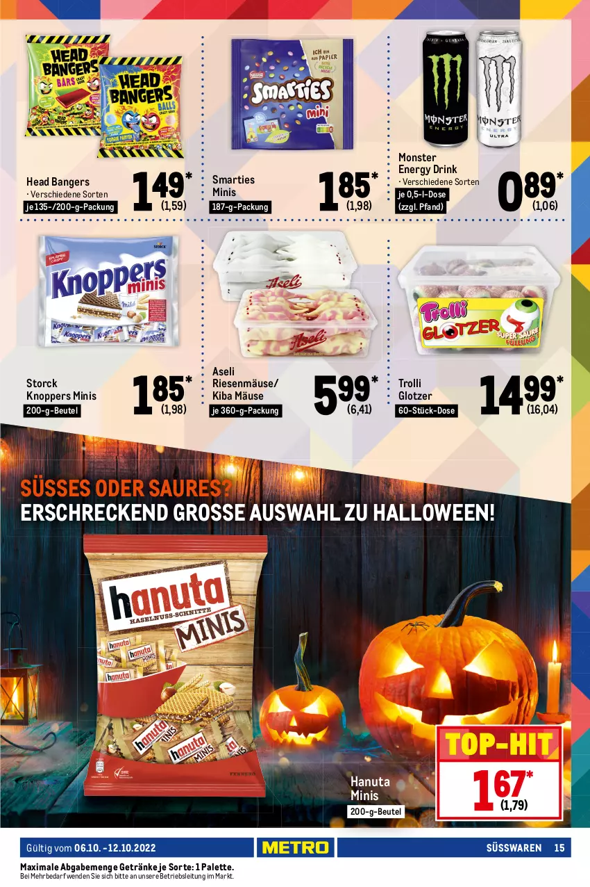 Aktueller Prospekt Metro - Food - von 06.10 bis 12.10.2022 - strona 15 - produkty: ball, beutel, bohne, butter, butterkeks, Cashew, cashewkerne, chips, choco crossies, crossies, drink, eis, energy drink, espresso, ferrero, getränk, getränke, hanuta, kaffee, keks, knoppers, lavazza, leibniz, melitta, monster, Monster Energy, Palette, reis, Ria, röstkaffee, salz, schoko, smarties, storck, süsswaren, tee, Ti, top-hit, trolli