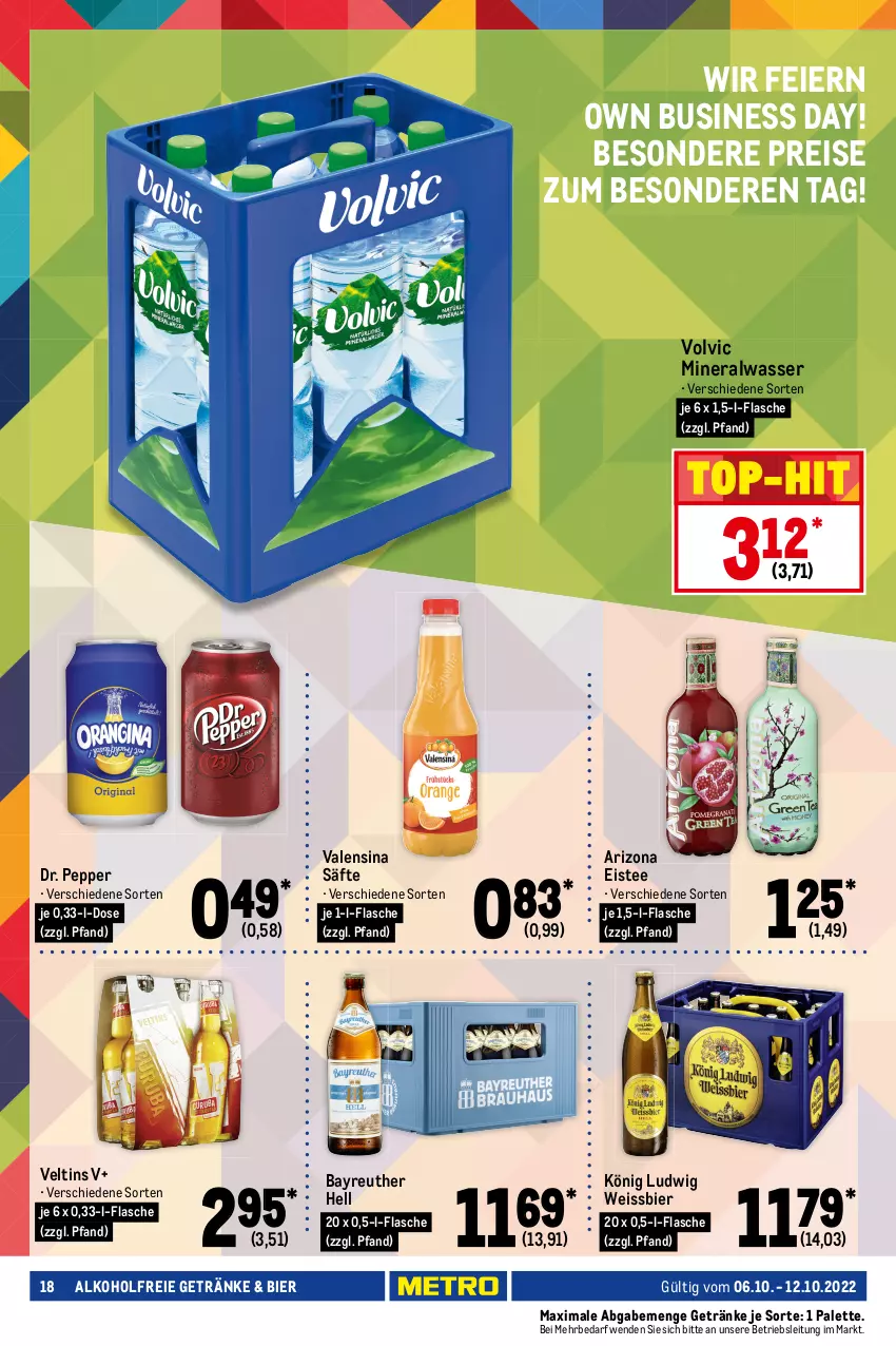 Aktueller Prospekt Metro - Food - von 06.10 bis 12.10.2022 - strona 18 - produkty: alkohol, alkoholfreie getränke, allzweckreiniger, Alwa, bier, eier, eis, eistee, feinwaschmittel, flasche, geschirr, geschirrspülmittel, getränk, getränke, Glasreiniger, Meister, meister proper, mineralwasser, Palette, papier, persil, perwoll, pril, reiniger, reis, säfte, somat, sprühflasche, spülmittel, tee, Ti, toilettenpapier, top-hit, valensina, veltins, vollwaschmittel, volvic, waschmittel, wasser, weck, weissbier, xxl-packung, zewa