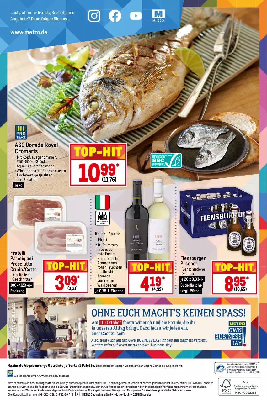 Aktueller Prospekt Metro - Food - von 06.10 bis 12.10.2022 - strona 20 - produkty: abholpreise, angebot, angebote, aqua, beere, beeren, bügel, bügelflasche, burger, Dorade, dorade royal, eis, flasche, flensburger, früchte, früchten, getränk, getränke, ilag, LG, lieferservice, Metro, metro gastro, Palette, pils, pilsener, primitivo, prosciutto, prosciutto crudo, Rauch, reifen, reis, rezept, rezepte, rwe, schnitten, Ti, top-hit