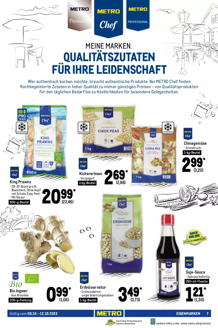 Aktueller Prospekt Metro - Food - von 06.10 bis 12.10.2022 - strona 7 - produkty: angebot, angebote, beutel, bio, cocktail, decke, eis, erbsen, erdnuss, erdnüsse, feldsalat, flasche, früchte, ingwer, kichererbsen, kräuter, mango, Metro, natur, nuss, obst, prawns, Rauch, reis, rispentomaten, salat, salz, sauce, Schal, Schale, soja, Ti, tisch, tomate, tomaten, trauben, und gemüse, Wild