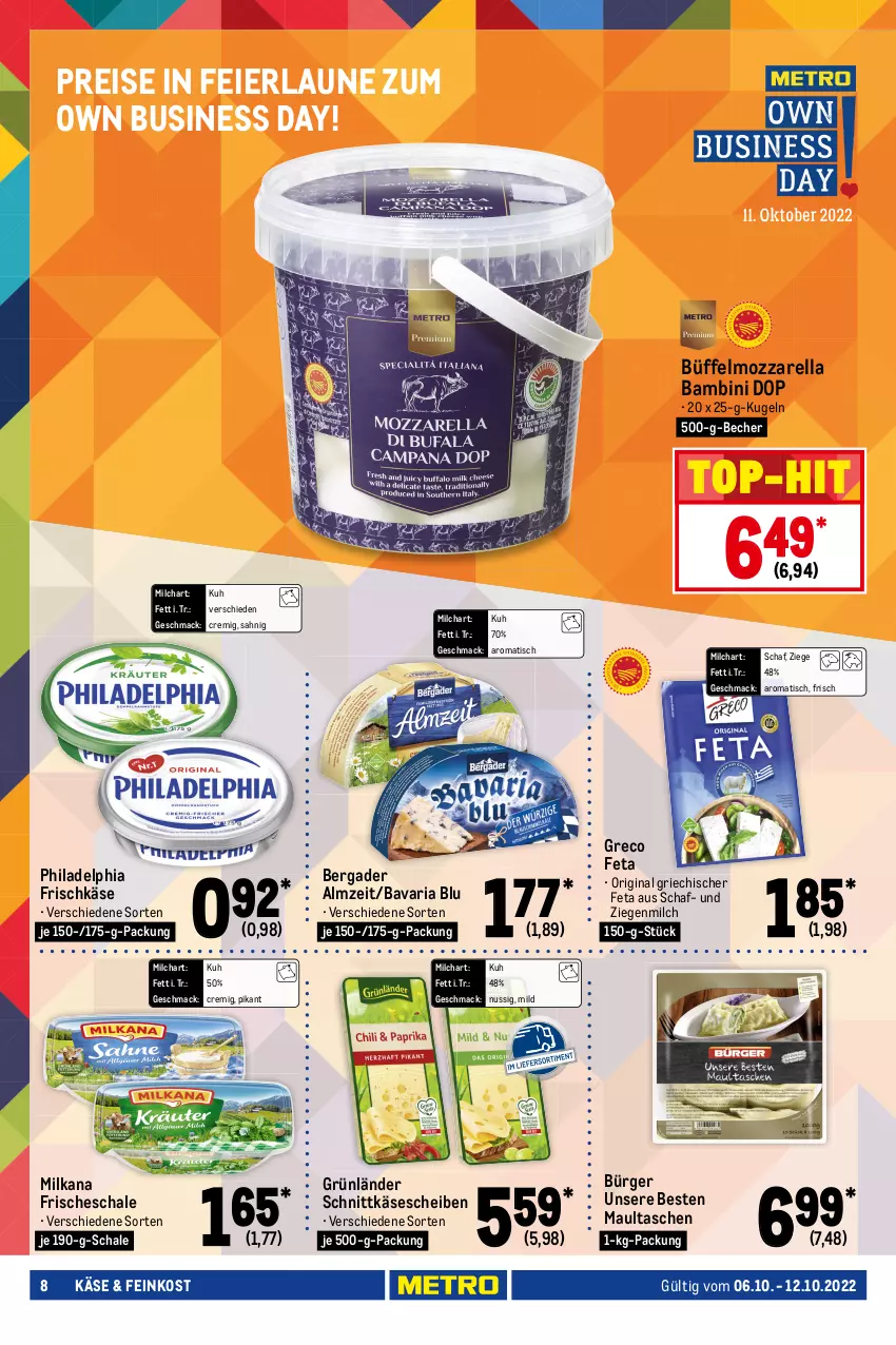 Aktueller Prospekt Metro - Food - von 06.10 bis 12.10.2022 - strona 8 - produkty: bavaria blu, Becher, bergader, bio, butter, eier, eimer, eis, feinkost, ferrero, feta, flasche, frischkäse, frucht, fruchtjoghurt, gervais, gin, grünländer, je 250-g-packung, joghur, joghurt, Käse, käsescheiben, Kinder, Kugel, mac, maultaschen, meggle, milch, Milchschnitte, milka, milkana, molkereiprodukte, mozzarella, Müller, müllermilch, nuss, philadelphia, pingui, reis, rel, Ria, sahne, Schal, Schale, schlagsahne, schnittkäse, schnittkäsescheiben, Streichzart, Tasche, taschen, Ti, tisch, top-hit