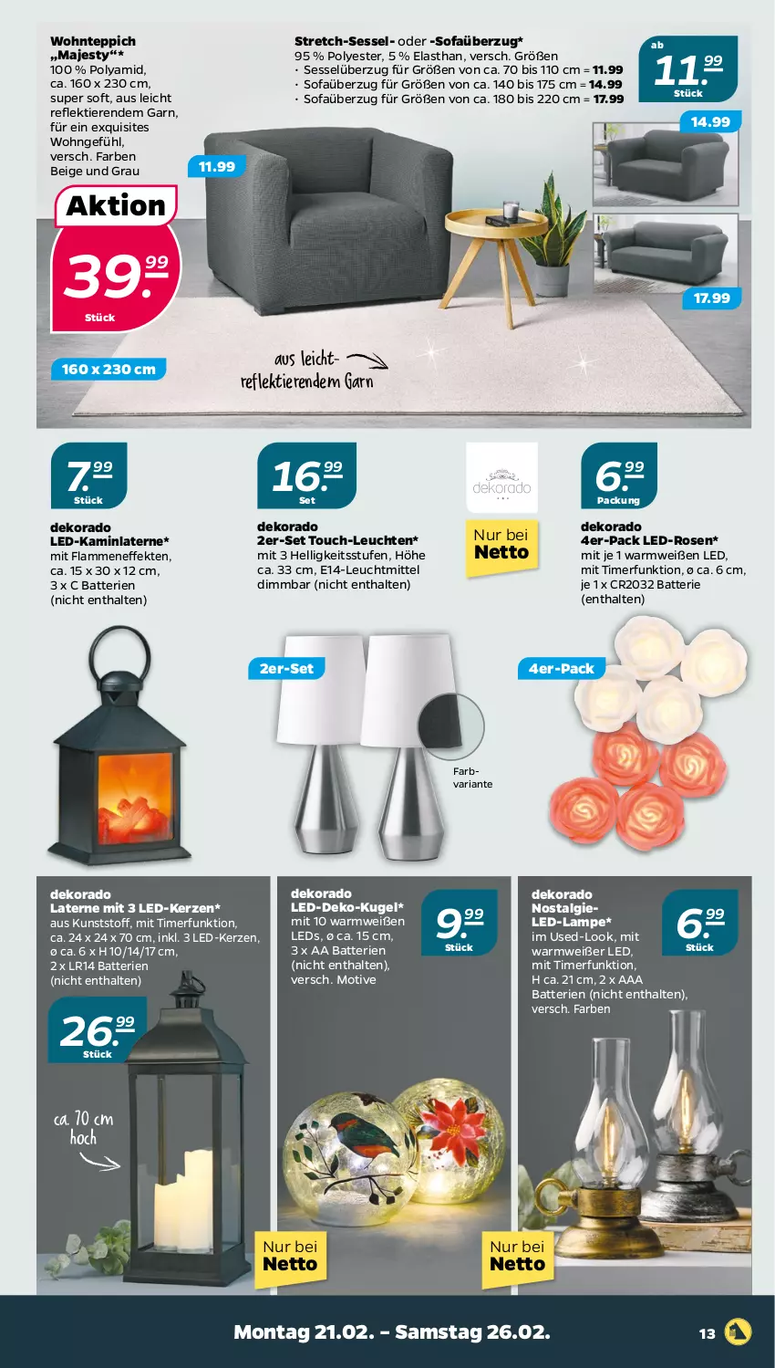 Aktueller Prospekt Netto - Angebote ab Montag - von 21.02 bis 26.02.2022 - strona 13 - produkty: batterie, batterien, Kamin, kerze, Kugel, lamm, Lampe, laterne, LED-Kerze, leds, Leuchte, leuchten, leuchtmittel, LG, Ria, rosen, sessel, Sofa, teppich, Ti, Tiere, timer