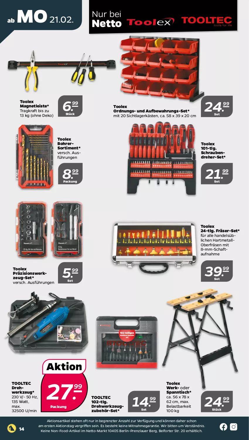 Aktueller Prospekt Netto - Angebote ab Montag - von 21.02 bis 26.02.2022 - strona 14 - produkty: auer, Drehwerkzeug, eis, kraft, LG, Oberfräse, schrauben, Schraubendreher, Ti, tisch, Tooltec, werkzeug, ZTE