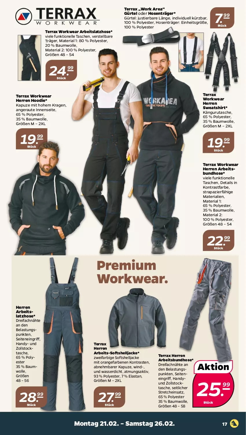 Aktueller Prospekt Netto - Angebote ab Montag - von 21.02 bis 26.02.2022 - strona 17 - produkty: Bau, baumwolle, elle, Handy, hose, hosen, Jacke, Latzhose, orange, Ria, shirt, Stier, Sweatshirt, Tasche, taschen, Ti, wasser, wolle