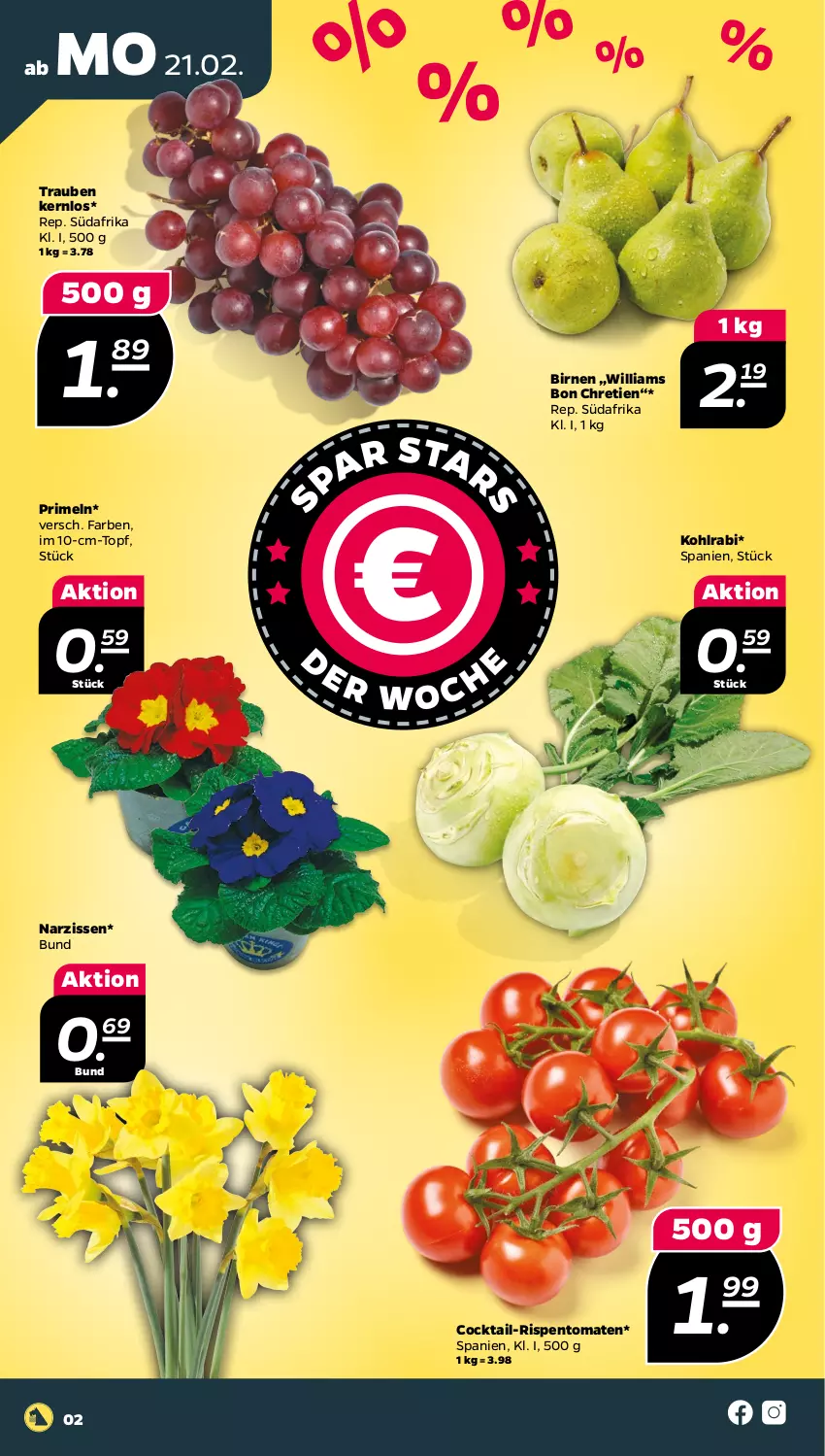 Aktueller Prospekt Netto - Angebote ab Montag - von 21.02 bis 26.02.2022 - strona 2 - produkty: Birnen, cocktail, kohlrabi, Narzissen, Primeln, rispentomaten, Ti, tomate, tomaten, topf, trauben